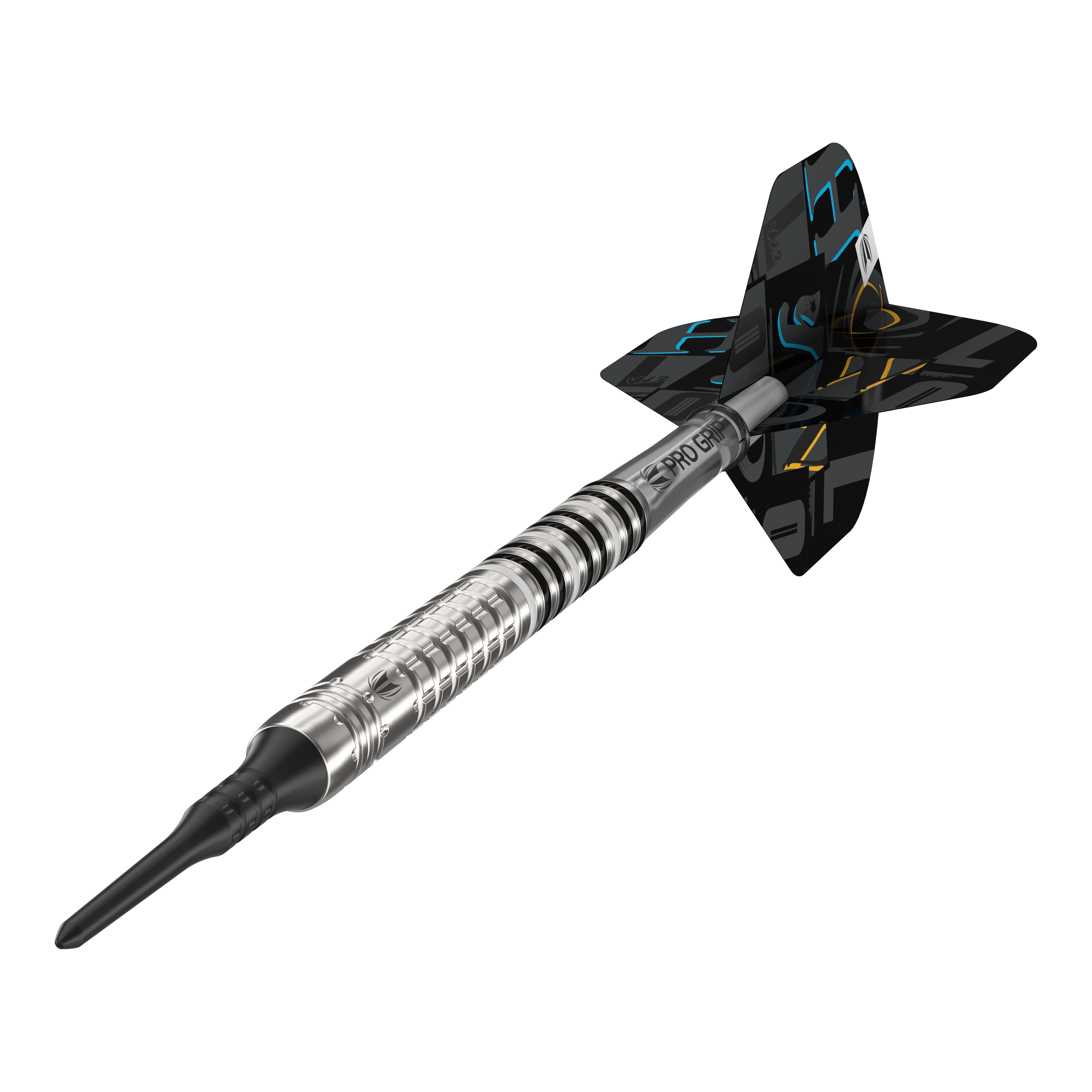 Target Chris Dobey GEN1 Softdarts - 19g Das Bild zeigt einen Target Chris Dobey GEN1 Softdart mit einem Gewicht von 19 Gramm. Der Dart hat ein silbernes, geriffeltes Barrel und schwarze Flights mit bunten Akzenten.