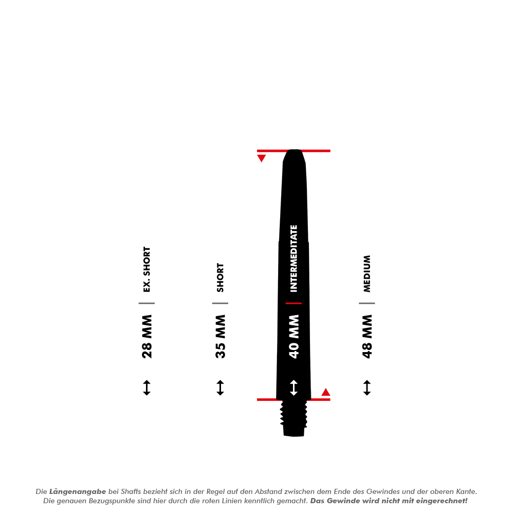 565_Nylon_Shafts_5_40mm Das Bild zeigt die verschiedenen Längen von Nylon Shafts in Schwarz. Die Längen sind in Ex. Short (28 mm), Short (35 mm), Intermediate (40 mm) und Medium (48 mm) unterteilt.