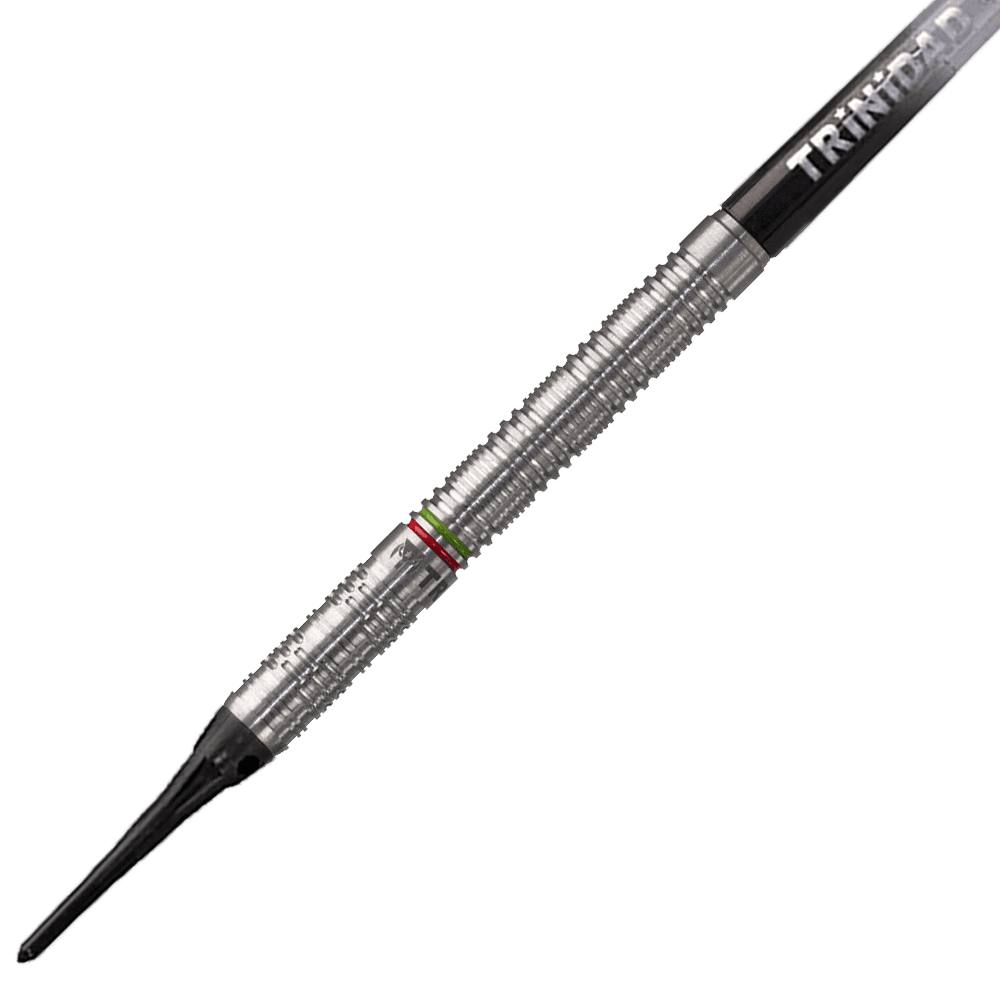 D7622_Trinidad_Jose_De_Sousa_Type_3_Softdarts_2 Das Bild zeigt einen Trinidad Jose De Sousa Type 3 Softdart mit einem Gewicht von 18g. Der Dart ist silberfarben mit feinen Rillen und besitzt einen schwarzen Softdart-Spitze.