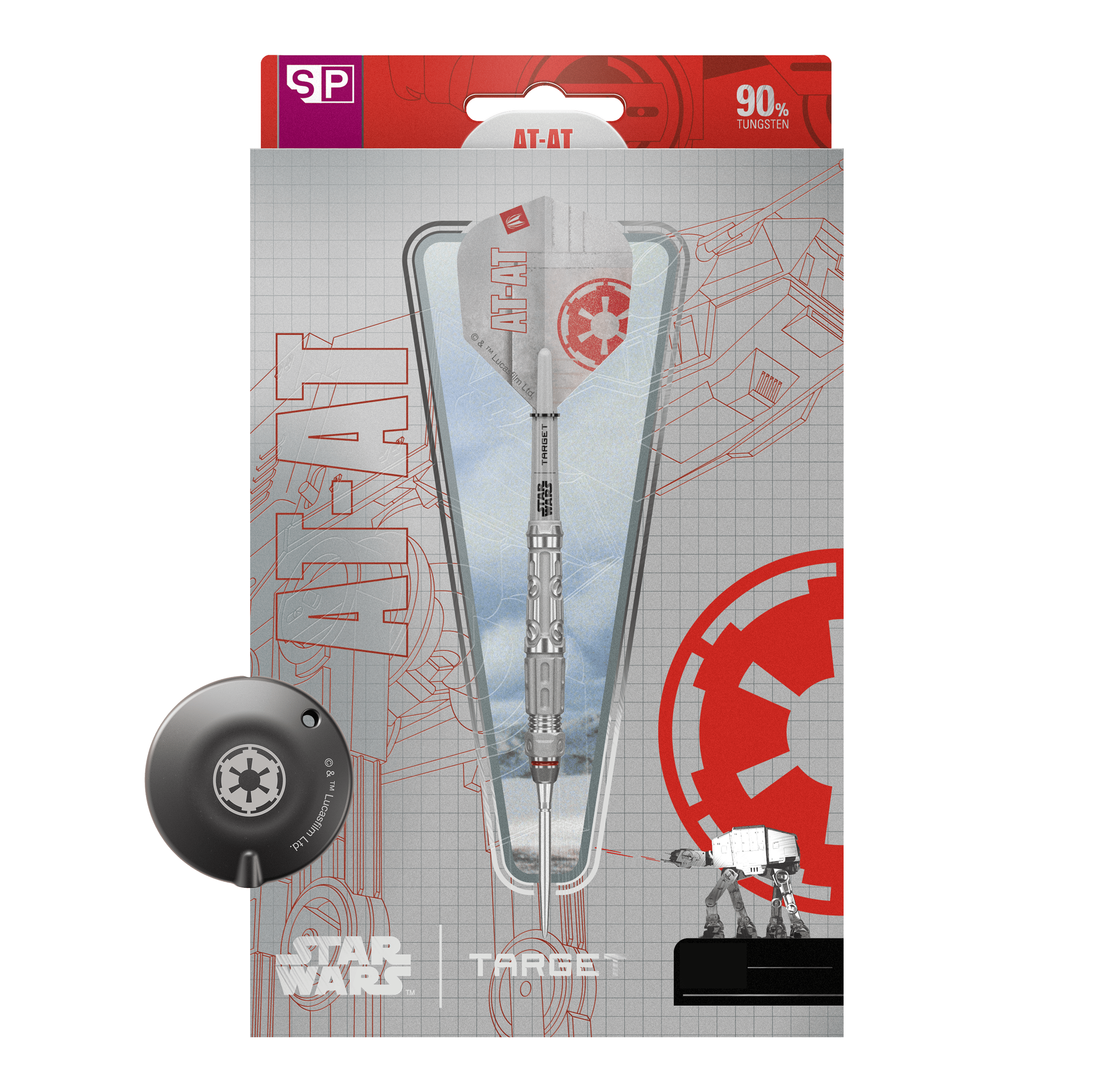 Dieses Bild zeigt die Target Star Wars AT-AT Swiss Point Steeldarts. Die Abbildung präsentiert die besonderen Merkmale der Pfeile.