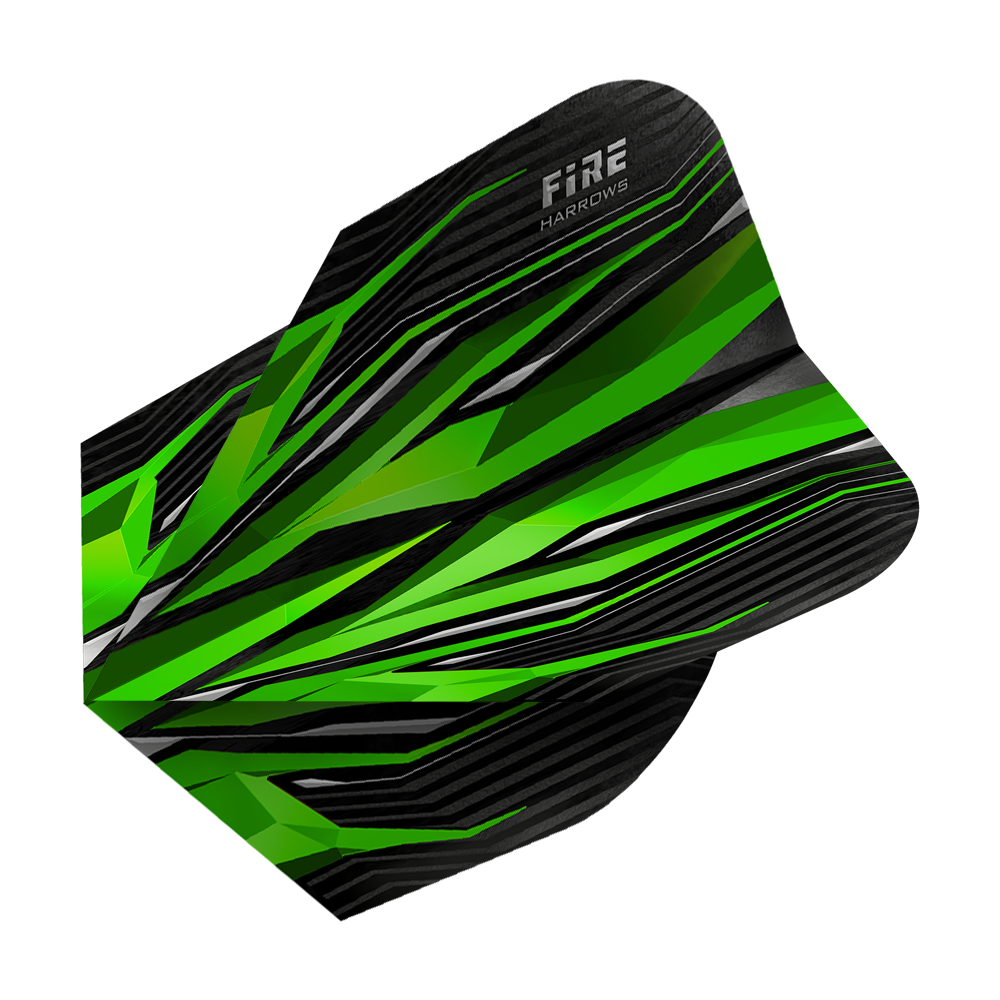 HR2_Harrows_Fire_Green_Standard_Flights_2 Das Bild zeigt die Harrows Fire Green Standard Flights. Sie haben ein auffälliges Design in Grün und Schwarz mit scharfen Linien und Mustern.