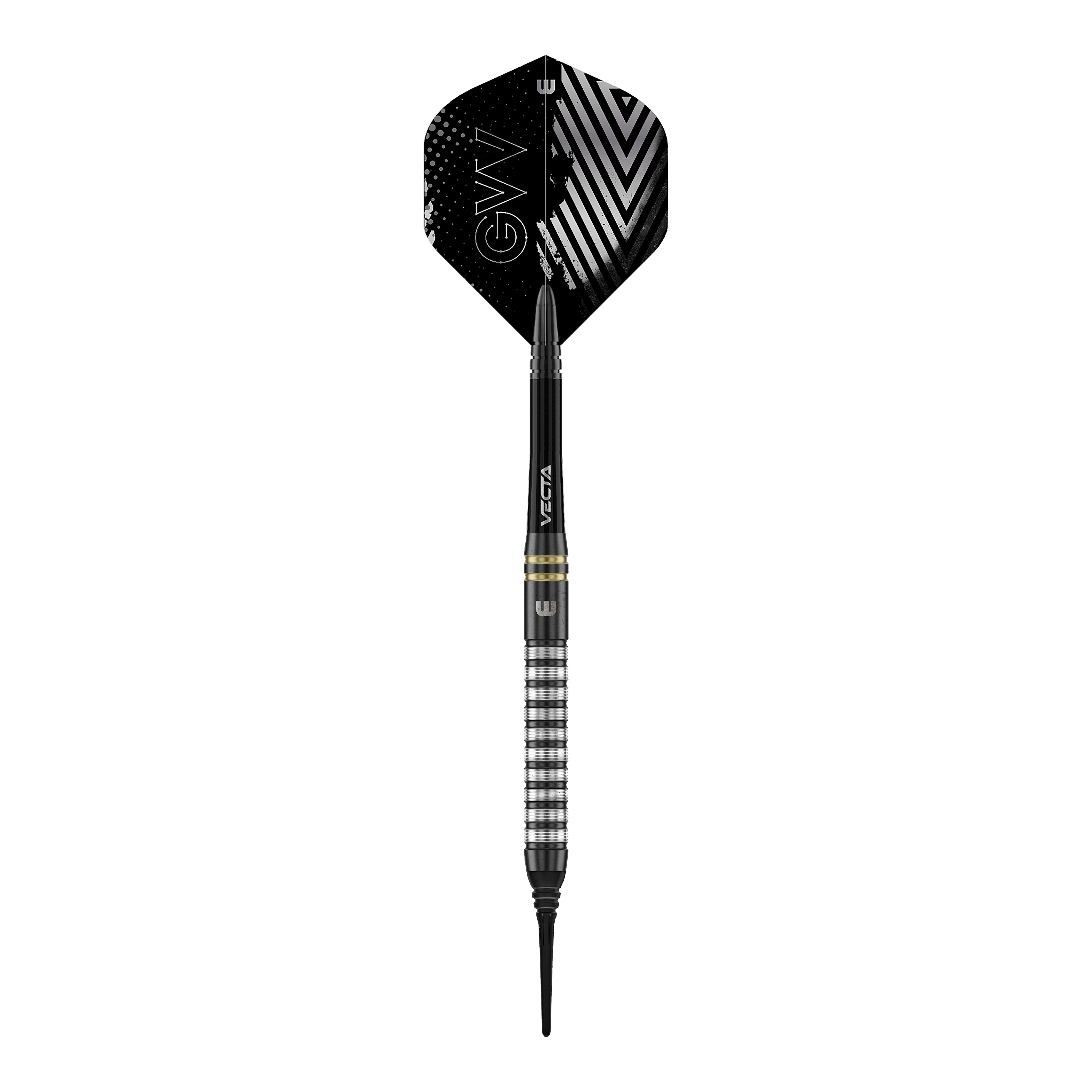Winmau Gian Van Veen TS soft darts - 18g Winmau Gian Van Veen TS Softdarts mit 18g werden aus der Nähe gezeigt. Ein einzelner Dartpfeil liegt im Fokus des Bildes.
