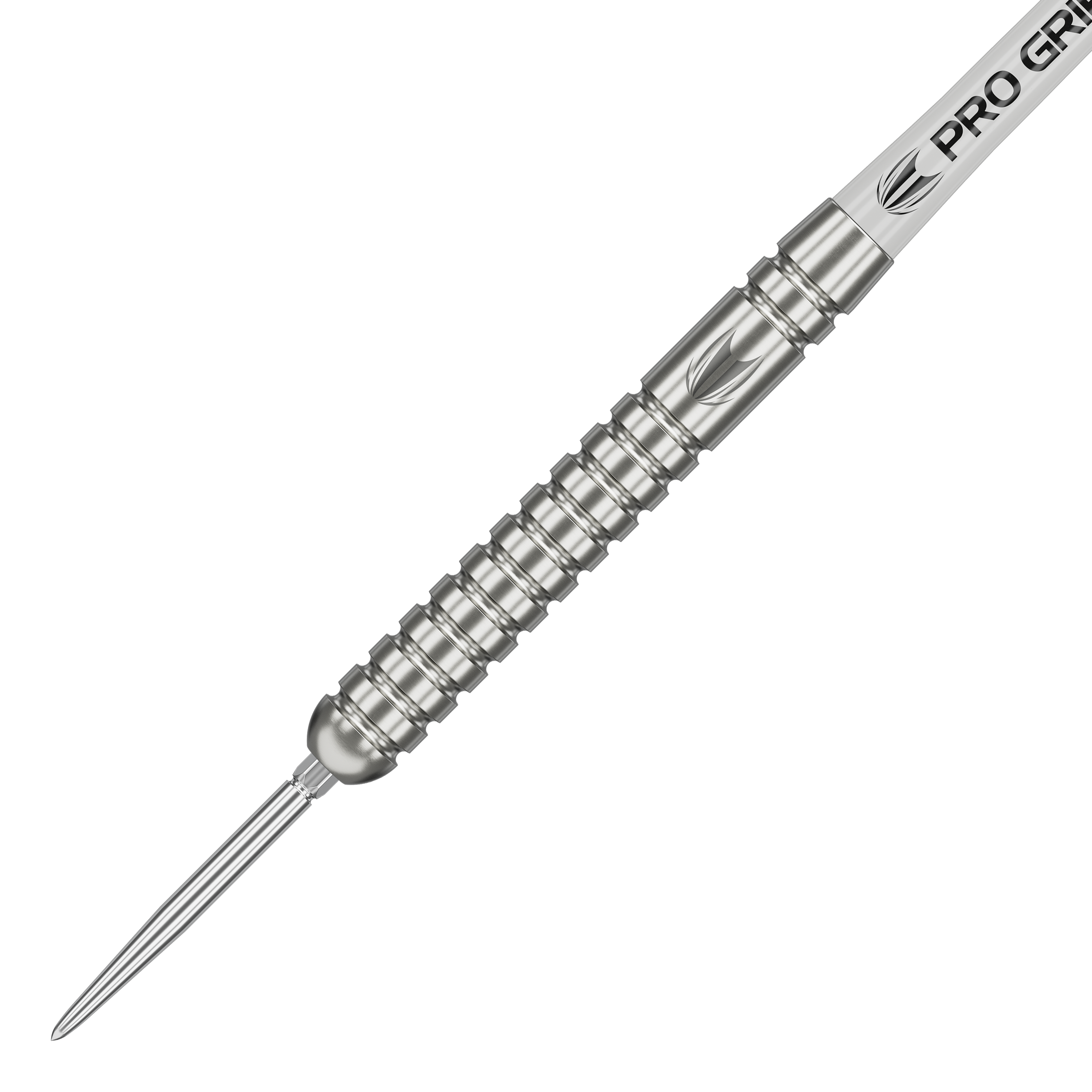 Target Rob Cross Voltage Swiss Point Steel Darts Das Bild zeigt einen silbernen Steeldart mit gerilltem Griff und spitzer Metallspitze. Auf dem Schaft steht "PRO GRIP" geschrieben.