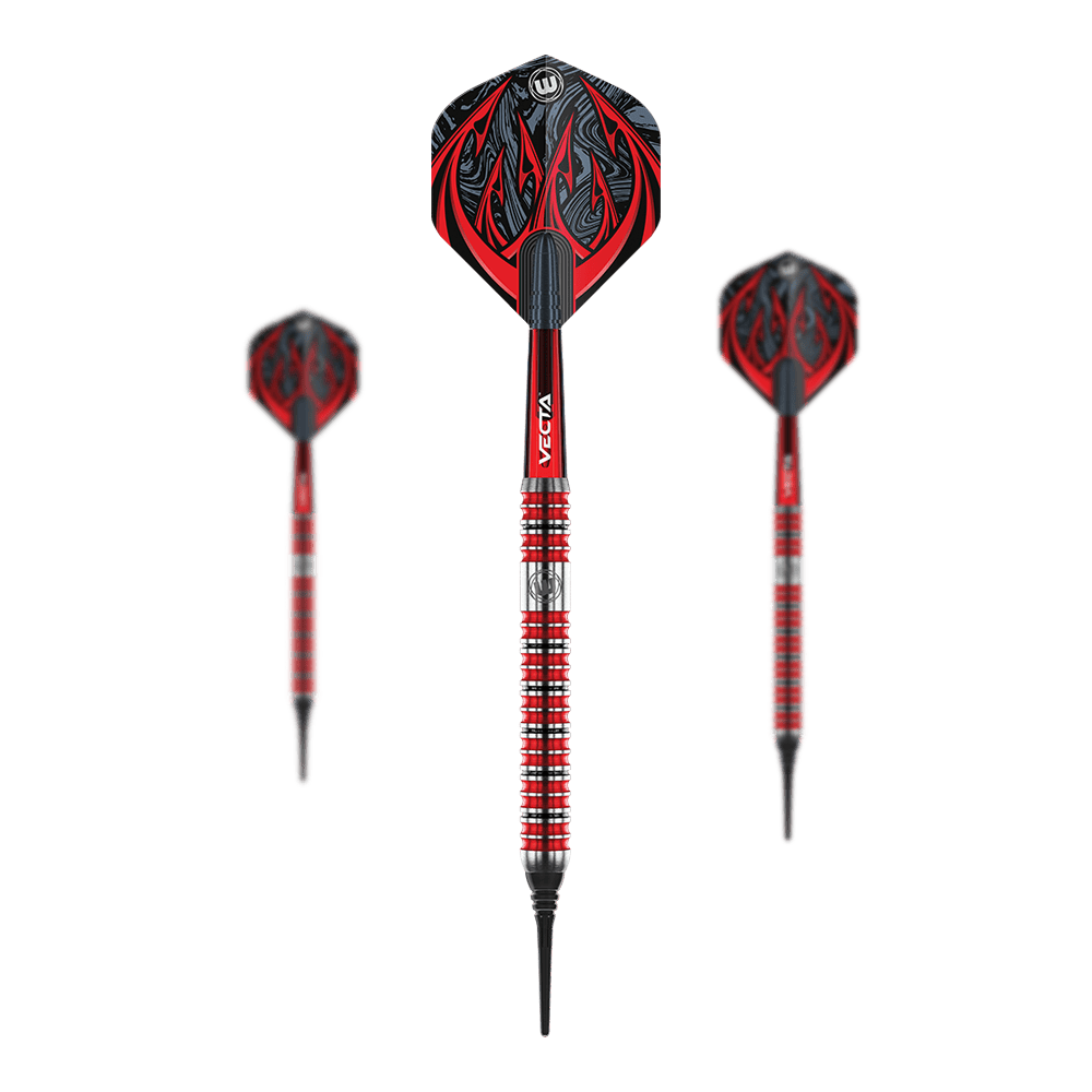Winmau Diablo Parallel Soft Darts - 20g Das Bild zeigt drei Winmau Diablo Parallel Softdarts mit einem Gewicht von 20 Gramm. Die Darts haben ein auffälliges rot-schwarzes Design mit silbernen Akzenten und Muster auf den Flights.