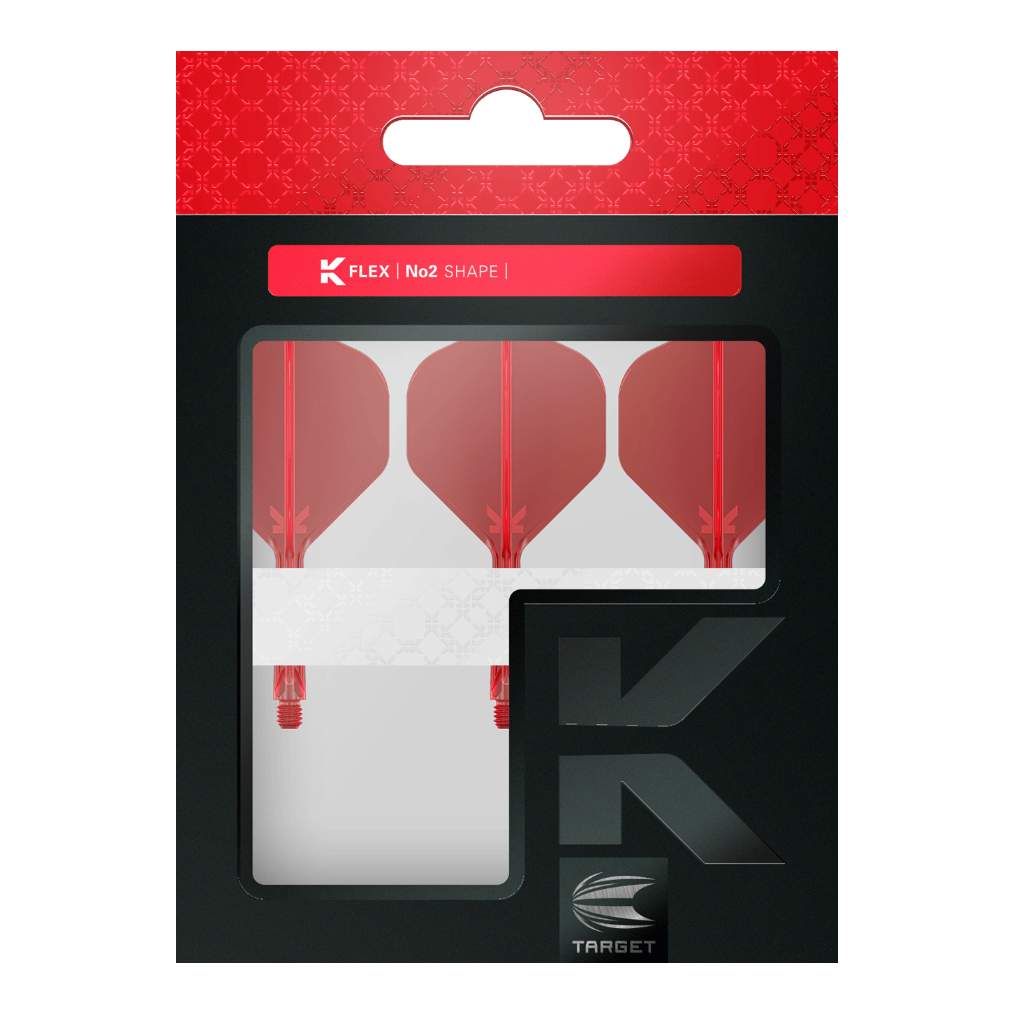 Target K-Flex No2 Standard Flight System - Red Die Abbildung zeigt eine Packung mit drei roten Dart-Flights von Target in der Form No2. Die Verpackung ist überwiegend schwarz mit einem roten oberen Abschnitt und einem Sichtfenster.