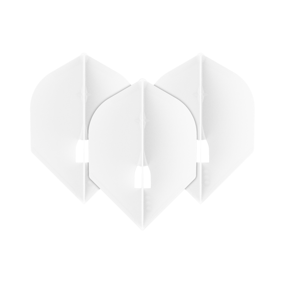 Das Bild zeigt drei weiße L-Style L5PRO Rocket Flights für Dartpfeile. Sie sind in einer überlappenden Formation angeordnet und haben eine moderne, kantige Form.