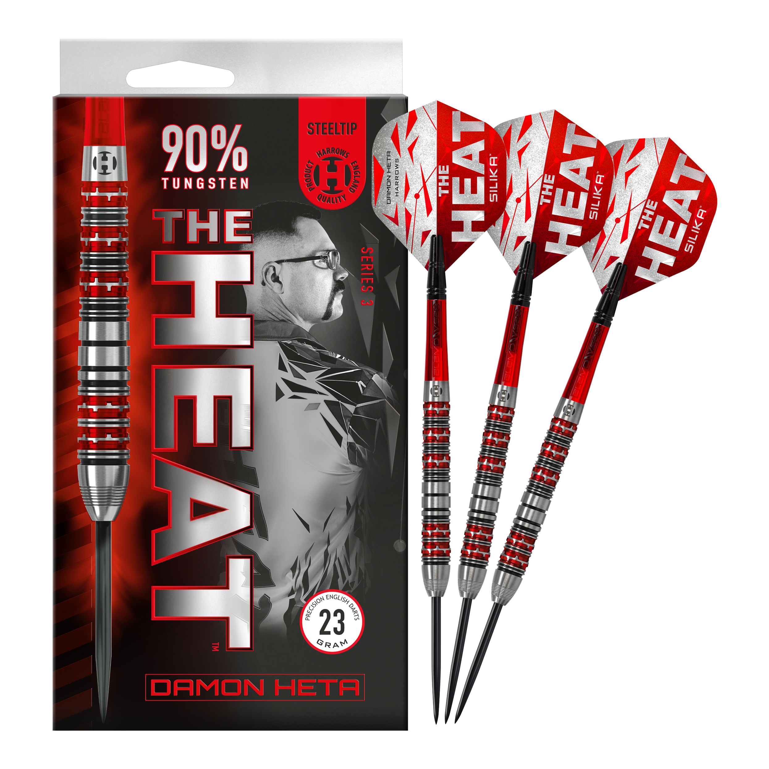 Harrow's Damon Heta Series 3 steel darts Die Abbildung zeigt die Steeldarts "Harrows Damon Heta Series 3" mit auffälligem roten und silbernen Design. Auf der Verpackung steht, dass die Darts aus 90% Tungsten bestehen und 23 Gramm wiegen.