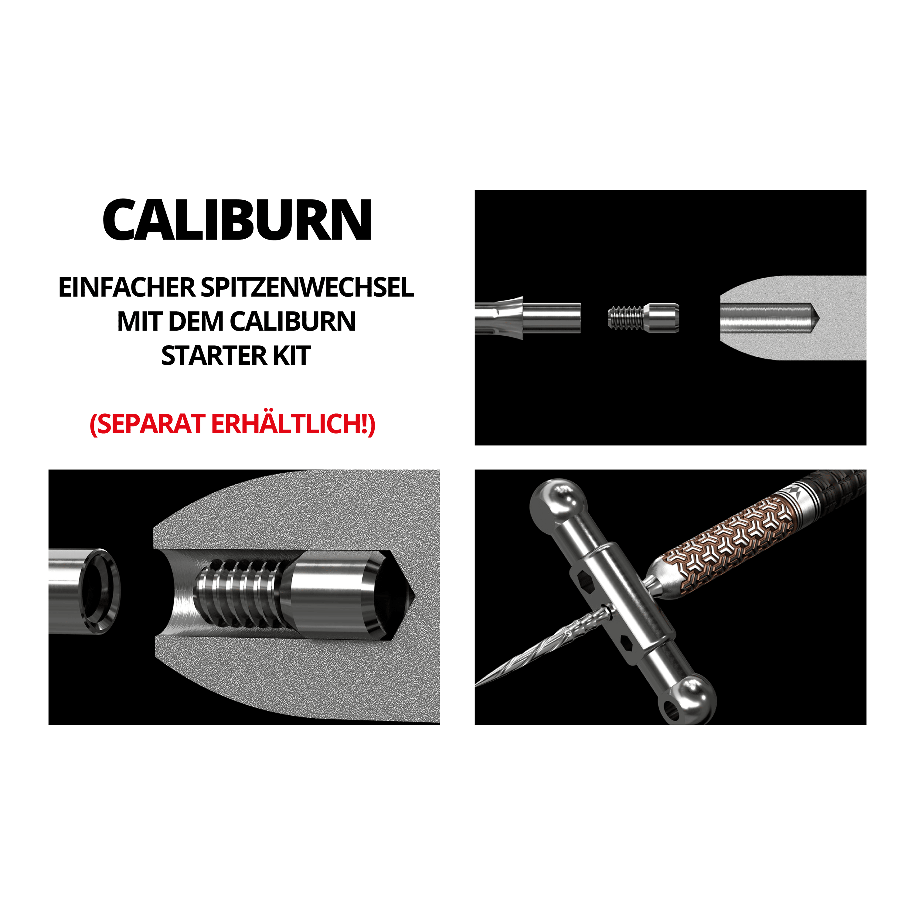 Das Bild zeigt verschiedene Detailansichten eines austauschbaren Steeldartspitzensystems. In mehreren Abbildungen werden die einzelnen Komponenten und der Zusammenbau des Systems dargestellt.