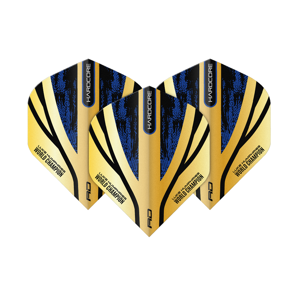 Das Bild zeigt drei Dart-Flights mit einem gold-schwarzen und blauen Design. Auf den Flights steht "Luke Humphries World Champion" sowie "Hardcore".