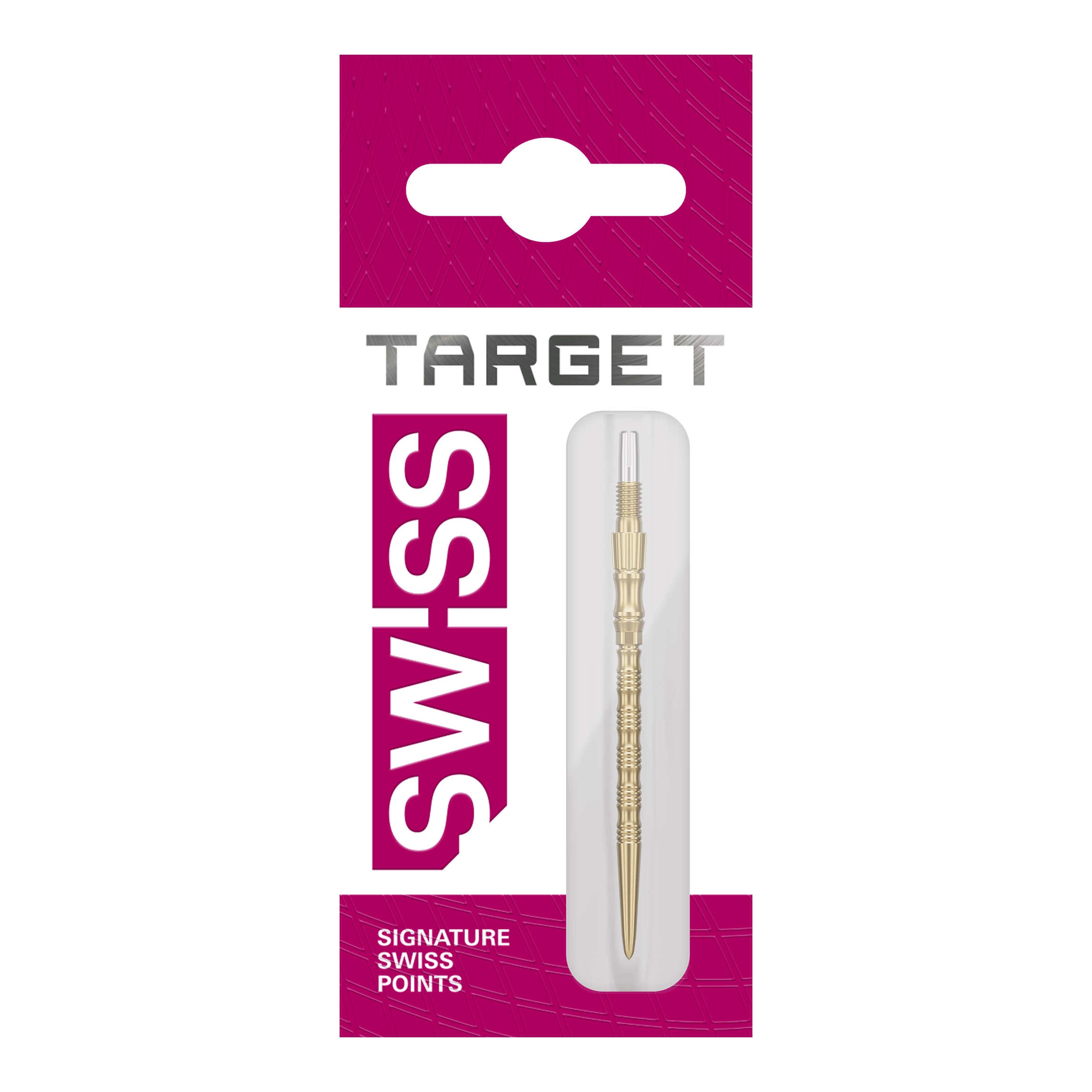 Abgebildet sind drei goldene Dartspitzen mit einer Länge von 42mm. Diese gehören zur Serie Target SwissPoint Signature TRB.