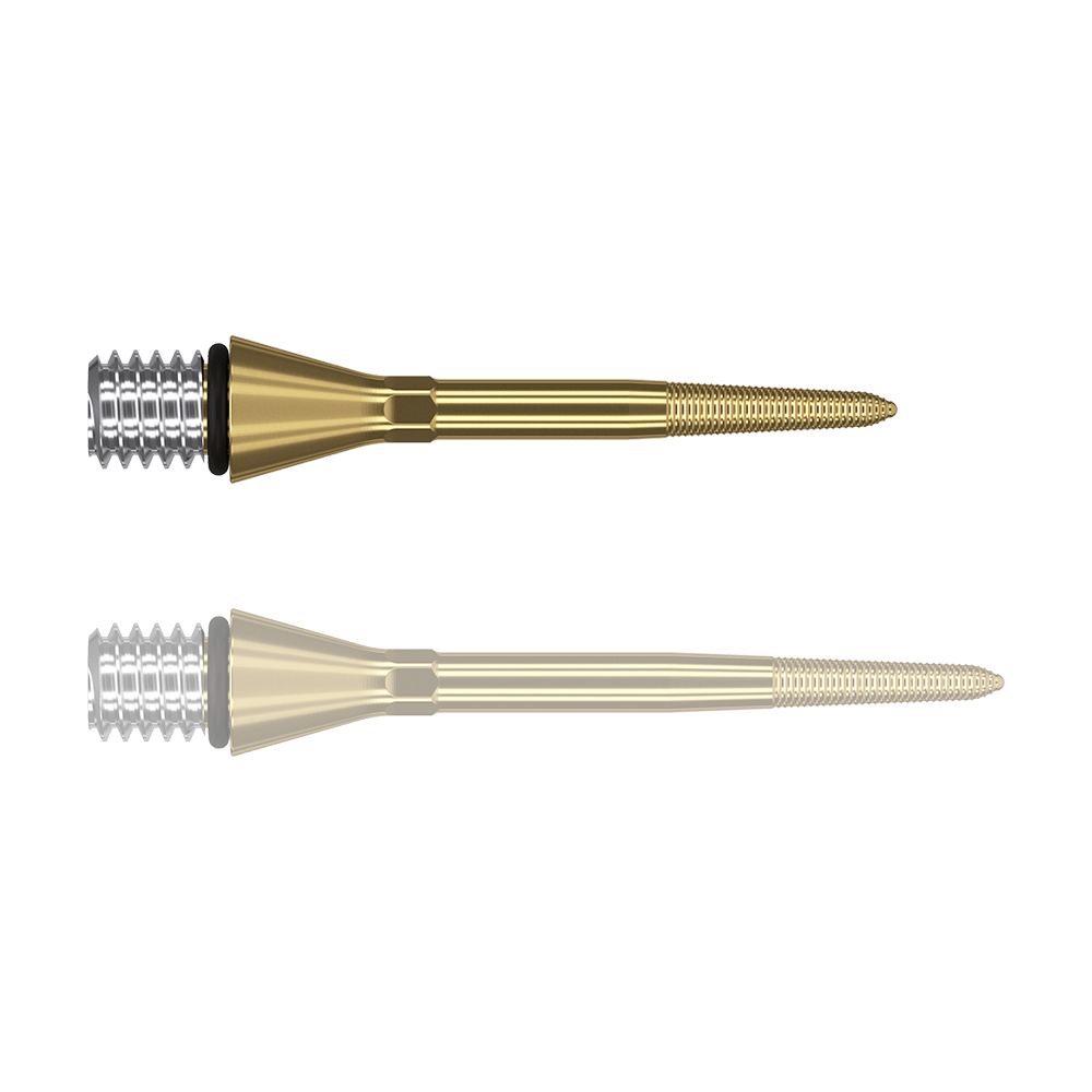 380166_Target_Titanium_Swiss_Point_Nano_Conversion_Points_Gold_26mm_1eRvYDFNbRqr4n Das Bild zeigt zwei goldene Swiss Point Nano Conversion Points von Target. Sie haben eine schlanke, spitze Form und ein silbernes Schraubgewinde am Ende.