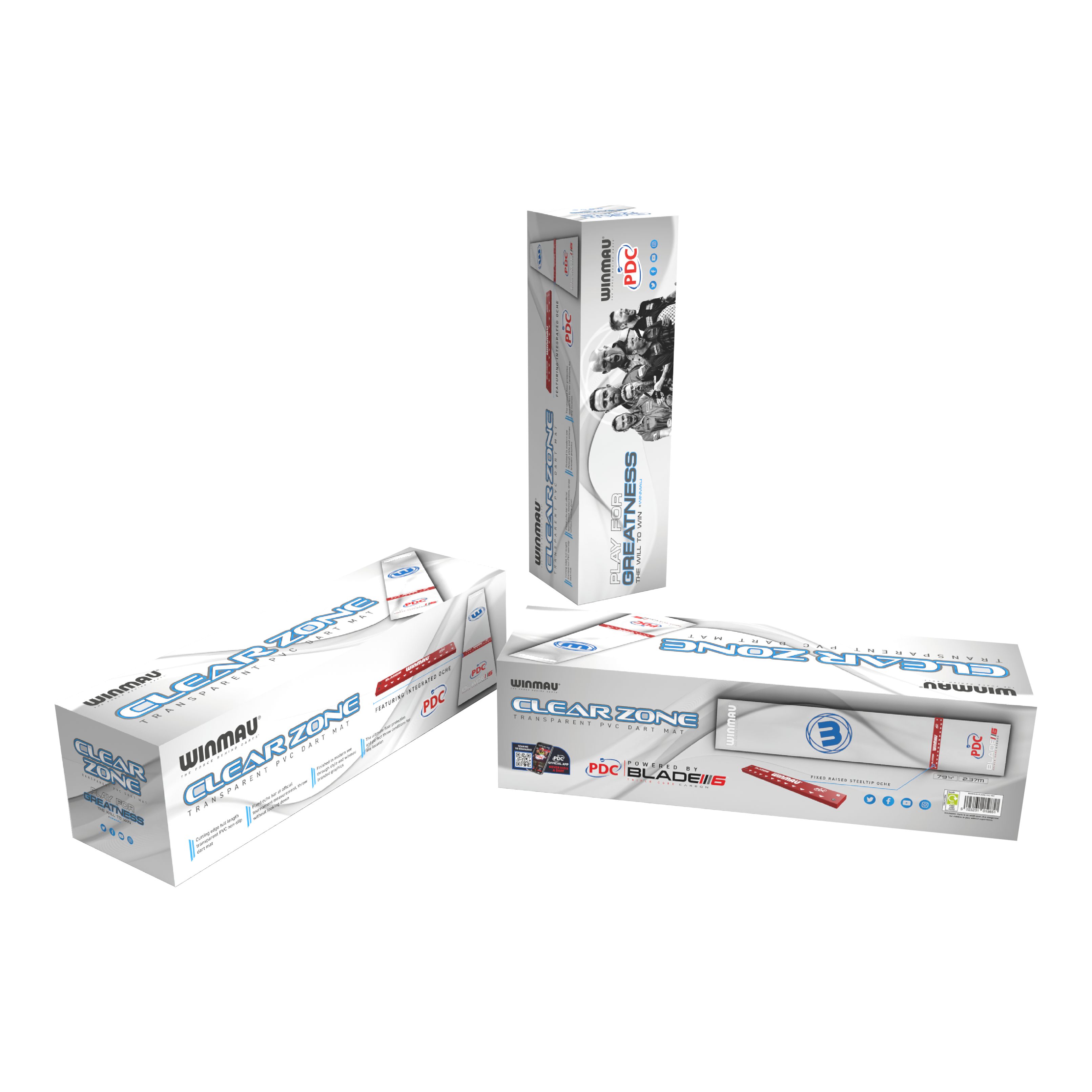 Winmau Clearzone PVC dart mat with oche Das Bild zeigt drei Verpackungen des Produkts "Winmau Clearzone PVC Dartmatte mit Oche". Die Verpackungen sind hauptsächlich weiß mit blauen und roten Akzenten gestaltet.