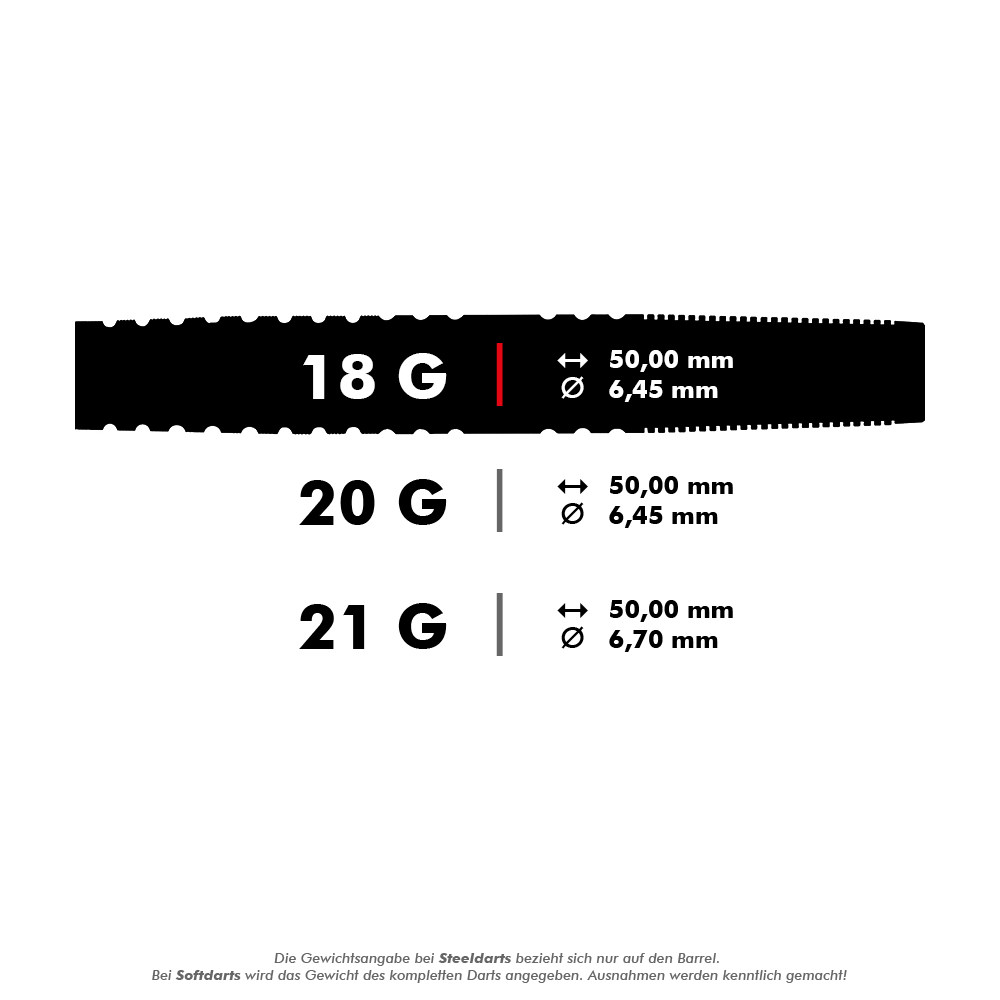 100153-Target-RVB-80-Black-Tungsten-Softdarts-5-18gT0KbvSXbAWPf9 Das Bild zeigt die verschiedenen Gewichte und Maße der Target RVB 80% Black Tungsten Softdarts. Die Darts sind in 18 g, 20 g und 21 g erhältlich, jeweils mit einer Länge von 50,00 mm und unterschiedlichen Durchmessern.