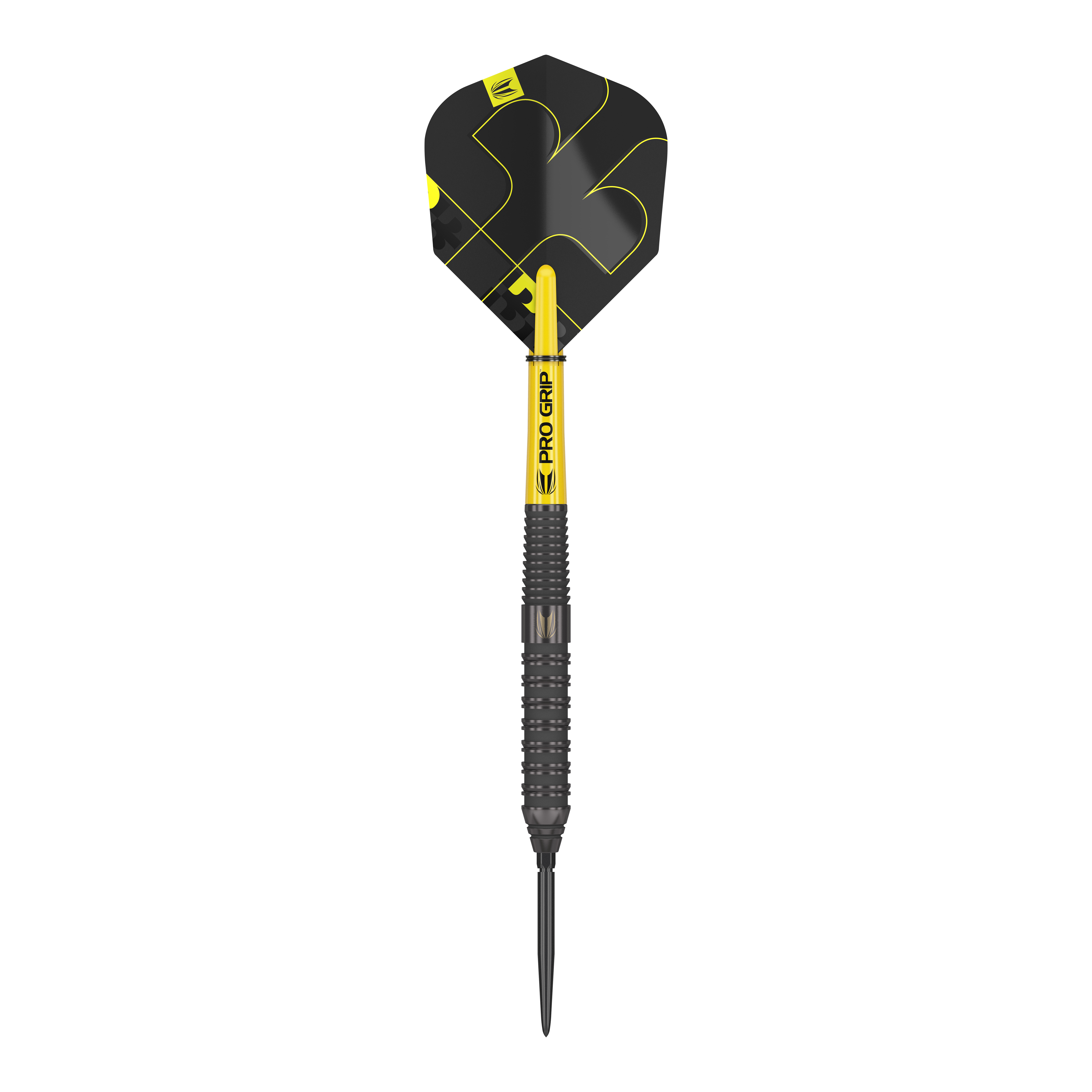 Target Bolide Void 02 Swiss Point steel darts Das Bild zeigt einen Target Bolide Void 02 Swiss Point Steeldart. Der Dartpfeil ist schwarz mit gelben Akzenten und hat eine strukturierte Griffoberfläche.