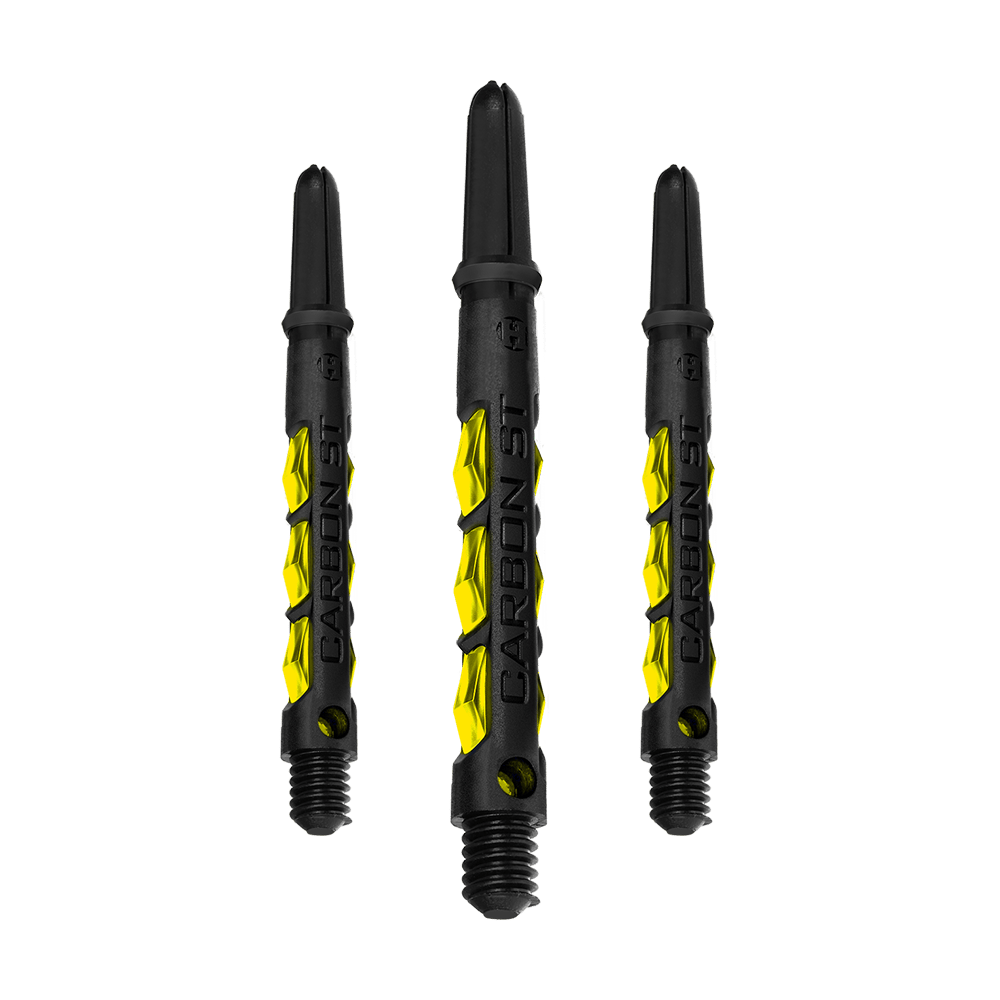 HR421_Harrows_Carbon_ST_Shafts_Gelb_47mm_1gzp8xbkzOZoUl Das Bild zeigt drei schwarze Dartschäfte mit gelben Akzenten der Marke "Harrows Carbon ST Shafts - Gelb". Auf den Schäften steht der Schriftzug "CARBON ST".