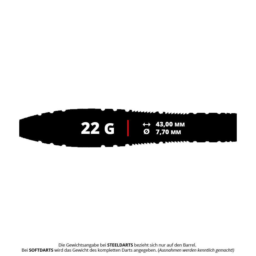 Caliburn Wolfpack W2 steel darts - 22g Das Bild zeigt den Caliburn Wolfpack W2 Steeldart mit einem Gewicht von 22 Gramm. Die Länge beträgt 43,00 mm und der Durchmesser 7,70 mm.