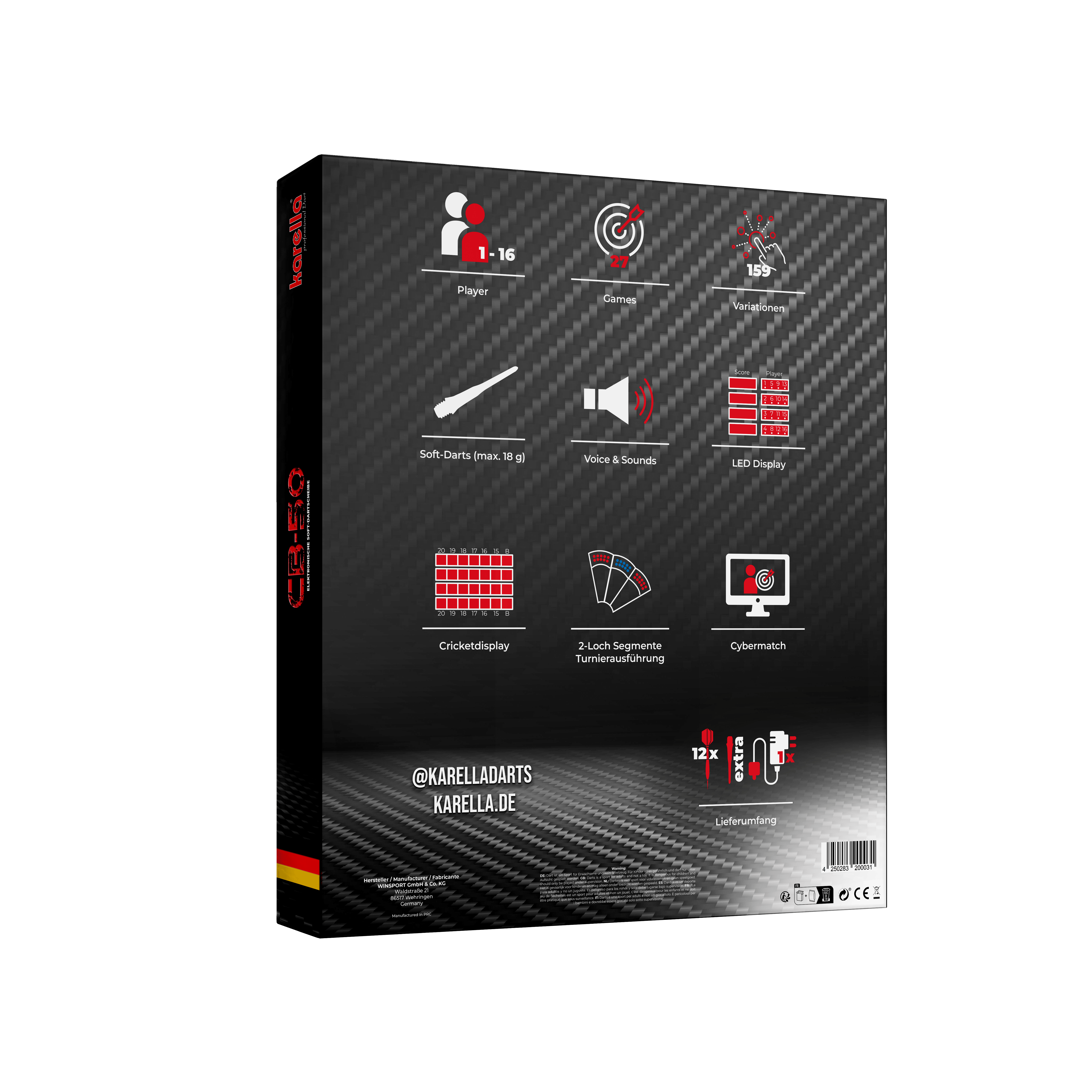 Die Abbildung zeigt die Verpackung der elektronischen Dartscheibe Karella CB 50 Turnierausführung. Auf der Rückseite sind die wichtigsten Produkteigenschaften und Funktionen grafisch dargestellt.