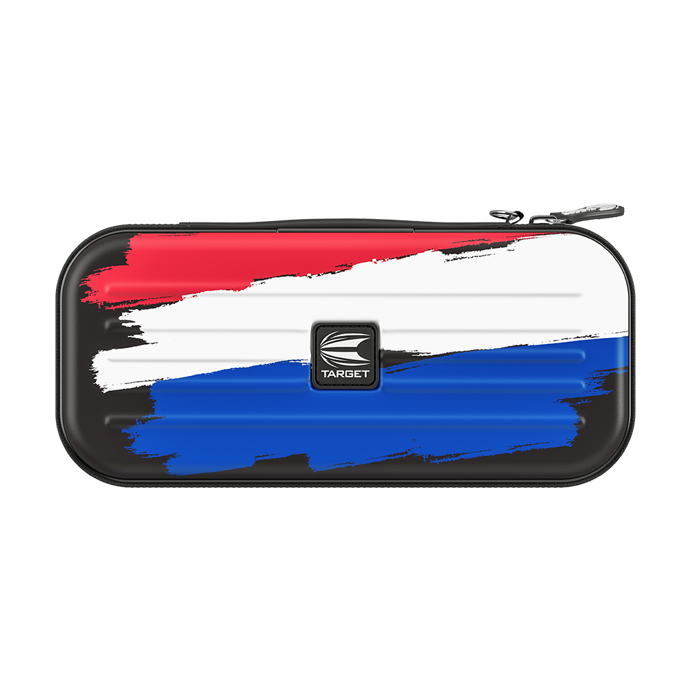 330002_Target_Takoma_Flag_Holland_Dartwallet_27JMgZY4cfwe7J Das Bild zeigt eine Darttasche mit dem Design der niederländischen Flagge in Rot, Weiß und Blau. In der Mitte befindet sich ein silbernes Target-Logo.