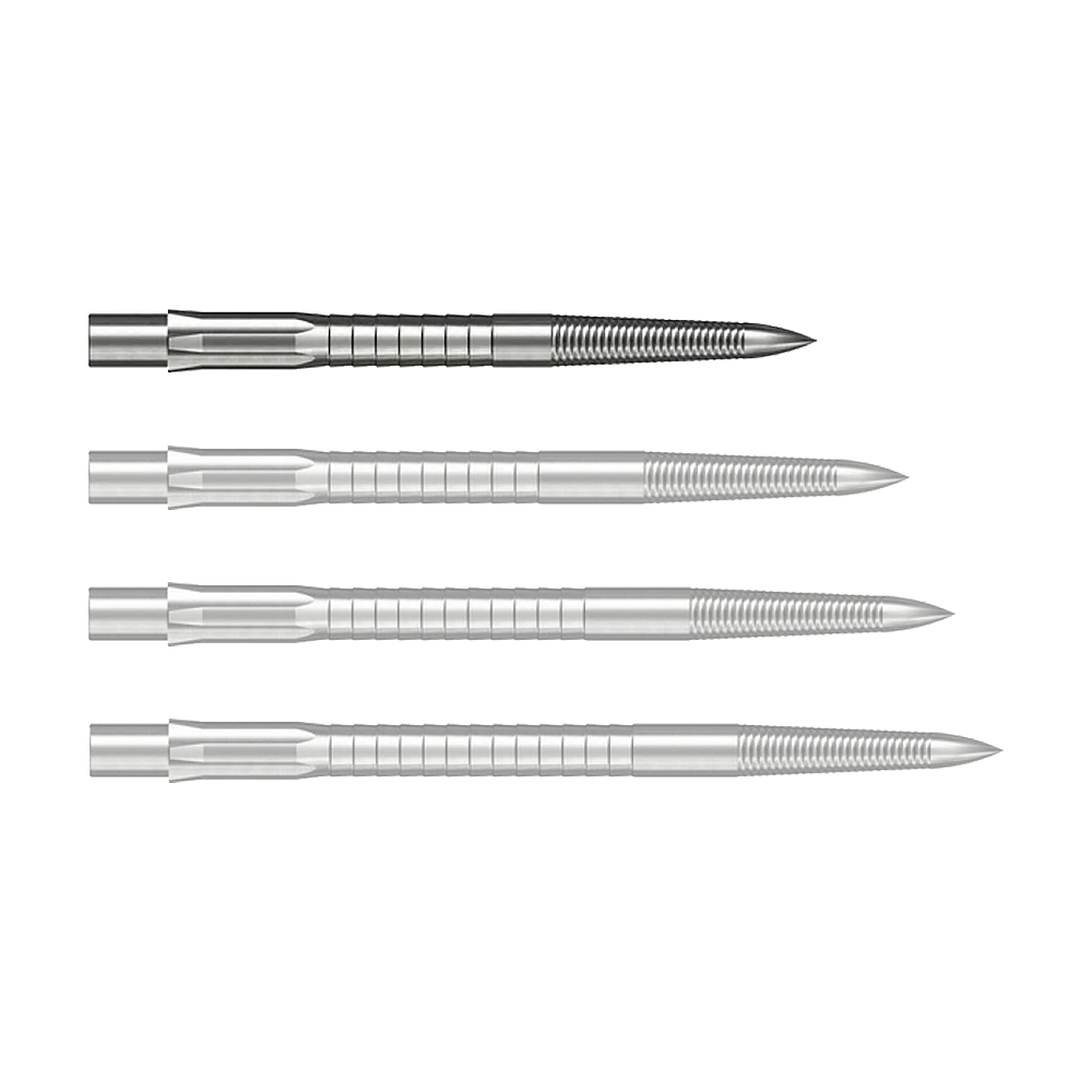 Caliburn System Steel Dart Tips - Micro Grip - Silver Abgebildet ist eine silberne Caliburn Evo System Steeldartspitze Micro Grip mit 28 mm Länge. Die Spitze liegt deutlich sichtbar auf einem hellen Hintergrund.