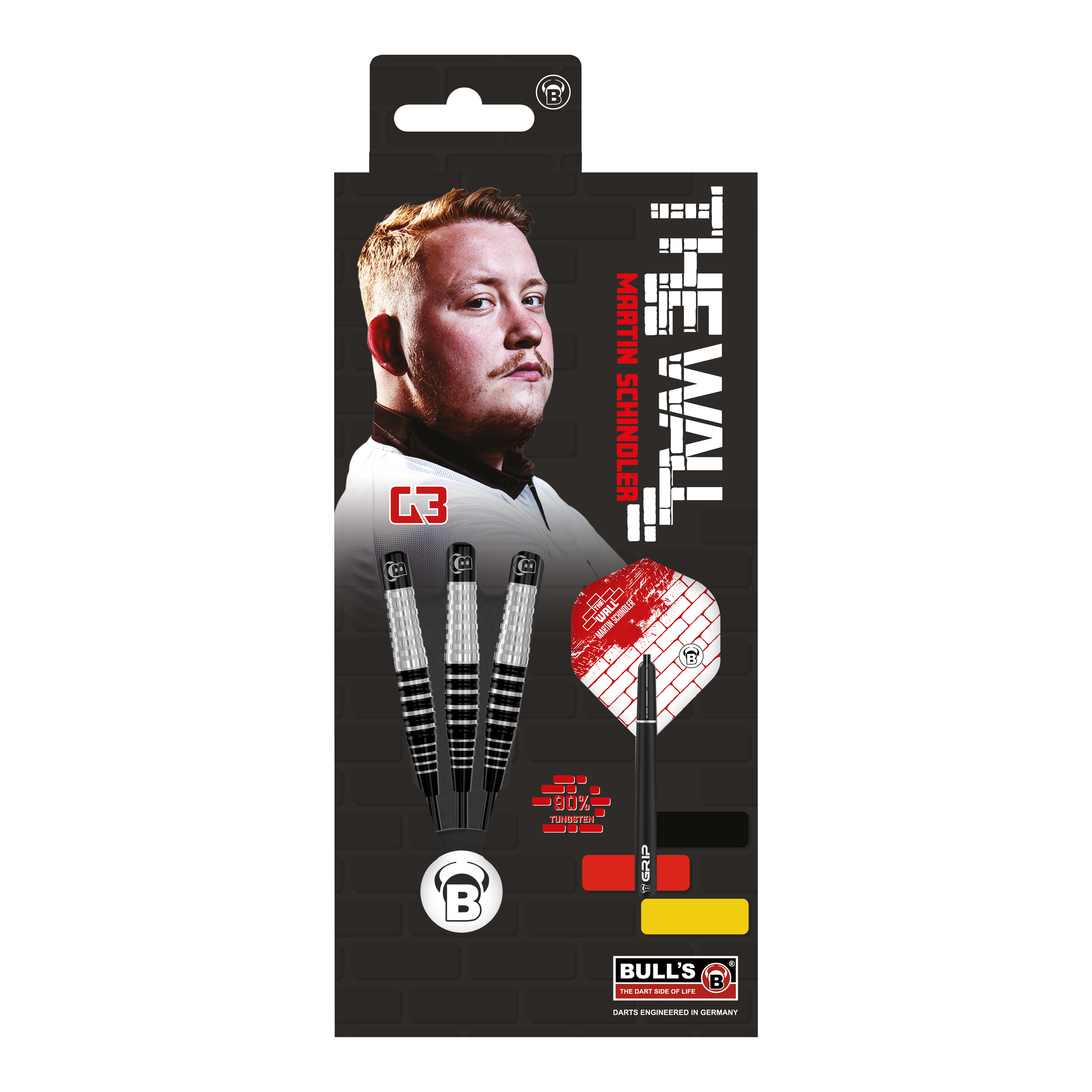 Bulls Martin Schindler Original Generation 3 steel darts Auf dem Bild ist die Verpackung der "Bulls Martin Schindler Original Generation 3 Steeldarts" zu sehen. Auf der Verpackung sind ein Porträt von Martin Schindler und drei Steeldarts abgebildet.