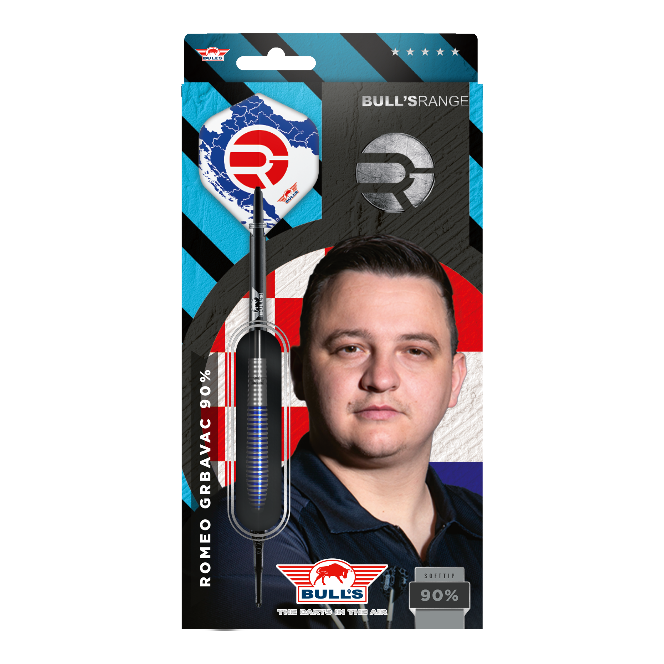 Bulls NL Romeo Grbavac soft darts - 19g Die Verpackung zeigt die Softdarts "Bulls NL Romeo Grbavac" mit einem Gewicht von 19g. Auf der Vorderseite ist auch das Bild eines Mannes und das Logo von Bulls abgebildet.