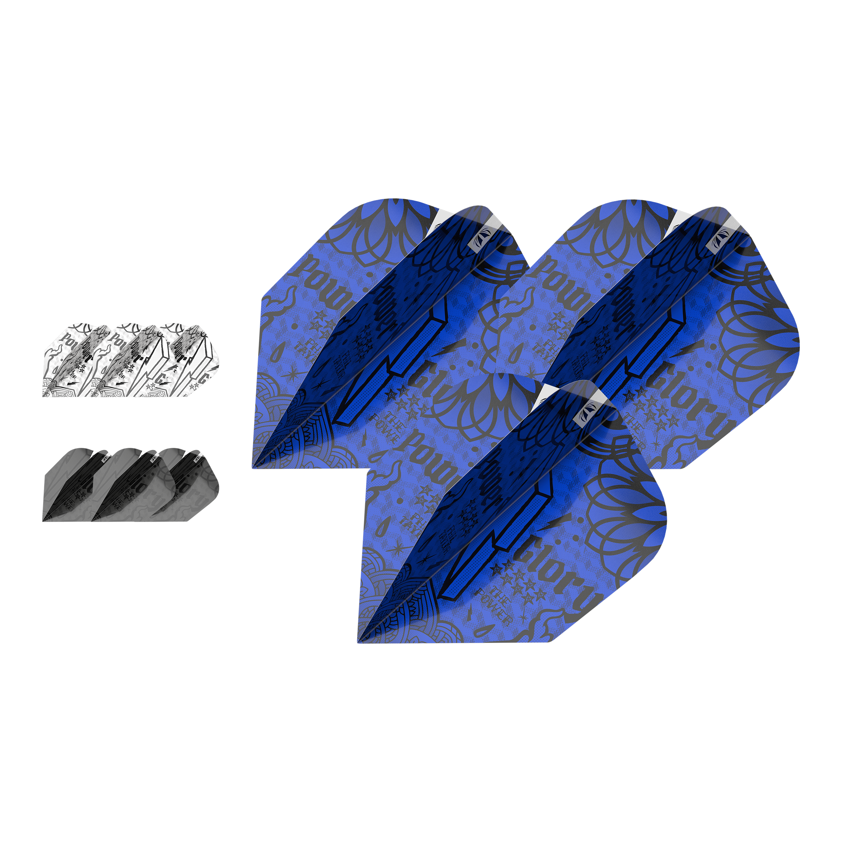 Target Ink Bundle 3 Sets Power No6 Flights Das Bild zeigt drei Sets von Target Ink Bundle Power No6 Flights in verschiedenen Farben und Designs. Die Flights sind in Blau, Schwarz und Weiß mit auffälligen grafischen Mustern gestaltet.