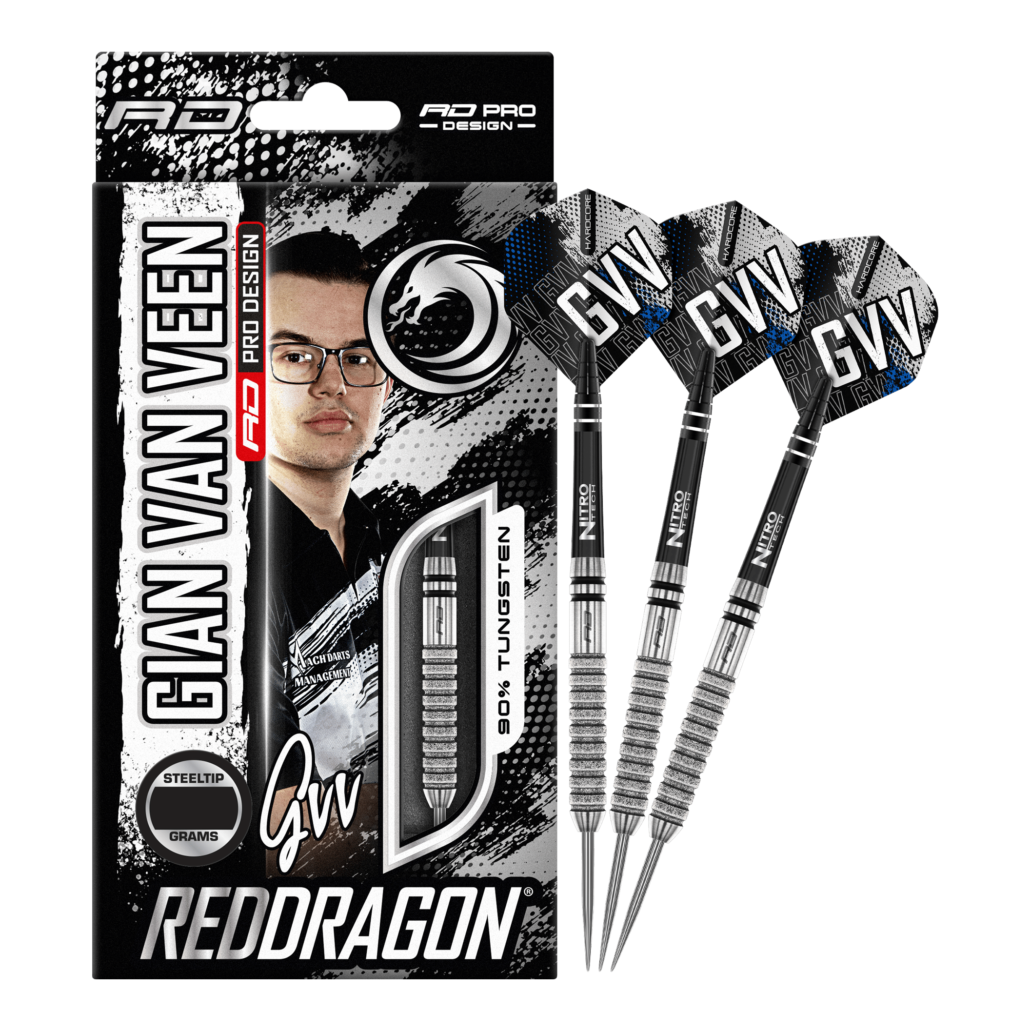 Red Dragon Gian Van Veen Tour Edition Steeldarts - 22g Das Bild zeigt die Verpackung und drei Steeldarts des Produkts „Red Dragon Gian Van Veen Tour Edition“ mit 22 Gramm Gewicht. Auf der Verpackung ist ein Porträt von Gian Van Veen sowie der Schriftzug „REDDRAGON“ zu sehen.