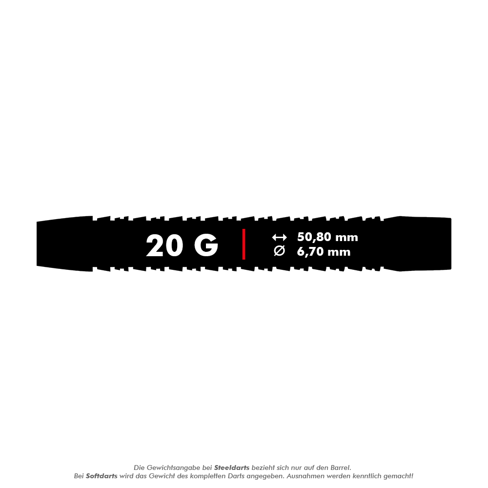 Das Bild zeigt die Produktangaben der Red Dragon Razor Edge Elite Softdarts mit einem Gewicht von 20 Gramm. Die Darts haben eine Länge von 50,80 mm und einen Durchmesser von 6,70 mm.
