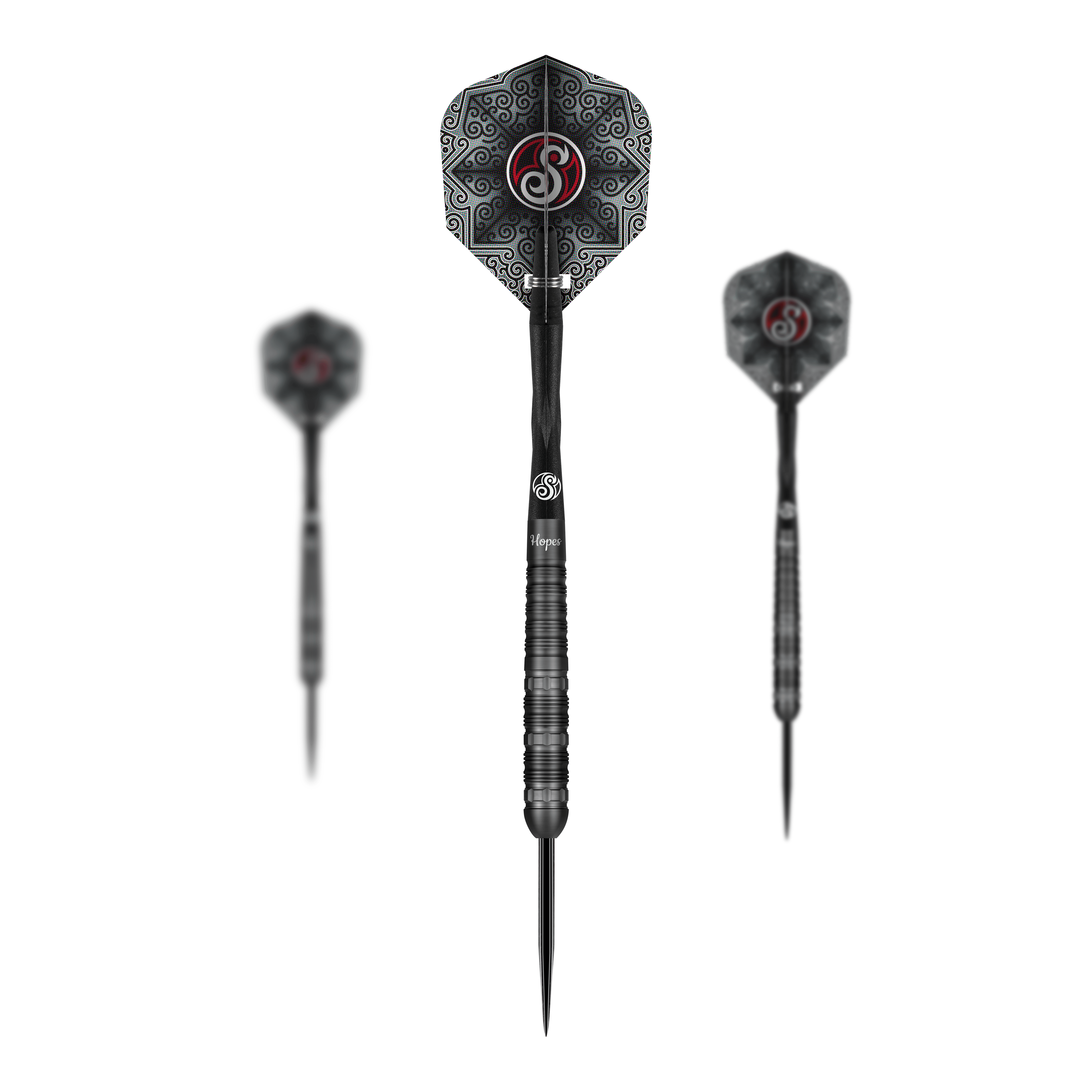 Shot Pro-Series Haupai Puha 2 steel darts - 24g Das Bild zeigt drei Steeldarts des Produkts "Shot Pro-Series Haupai Puha 2" mit einem Gewicht von 24 Gramm. Die Darts haben ein schwarzes Design mit auffälligen Mustern auf den Flights.