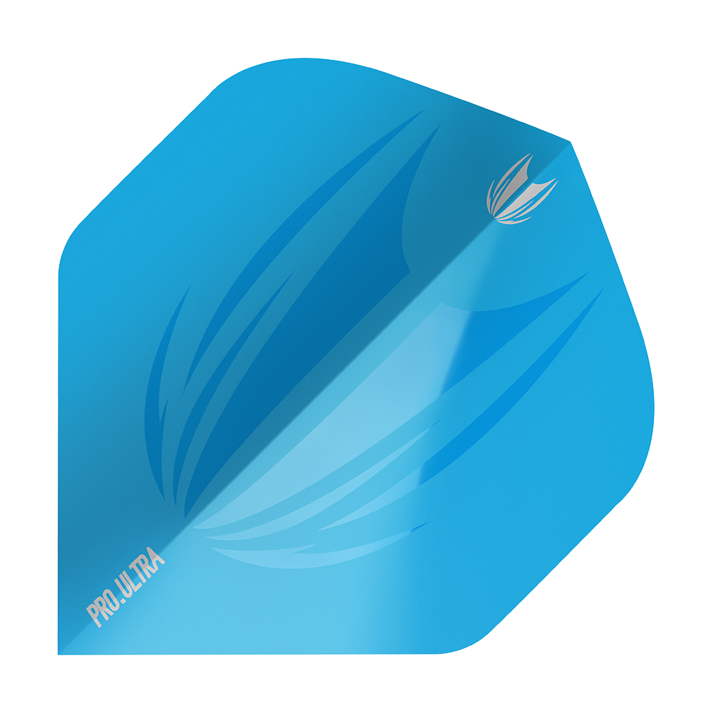 TG440_Target_ProUltra_ID_Lime_Blue_No2_Standard_Flights_1 Das Bild zeigt ein blaues Dart-Flight mit dem Namen "Target ProUltra ID Blue No2 Standard Flights". Auf dem Flight sind stilisierte Muster und die Aufschrift "PRO.ULTRA" zu sehen.