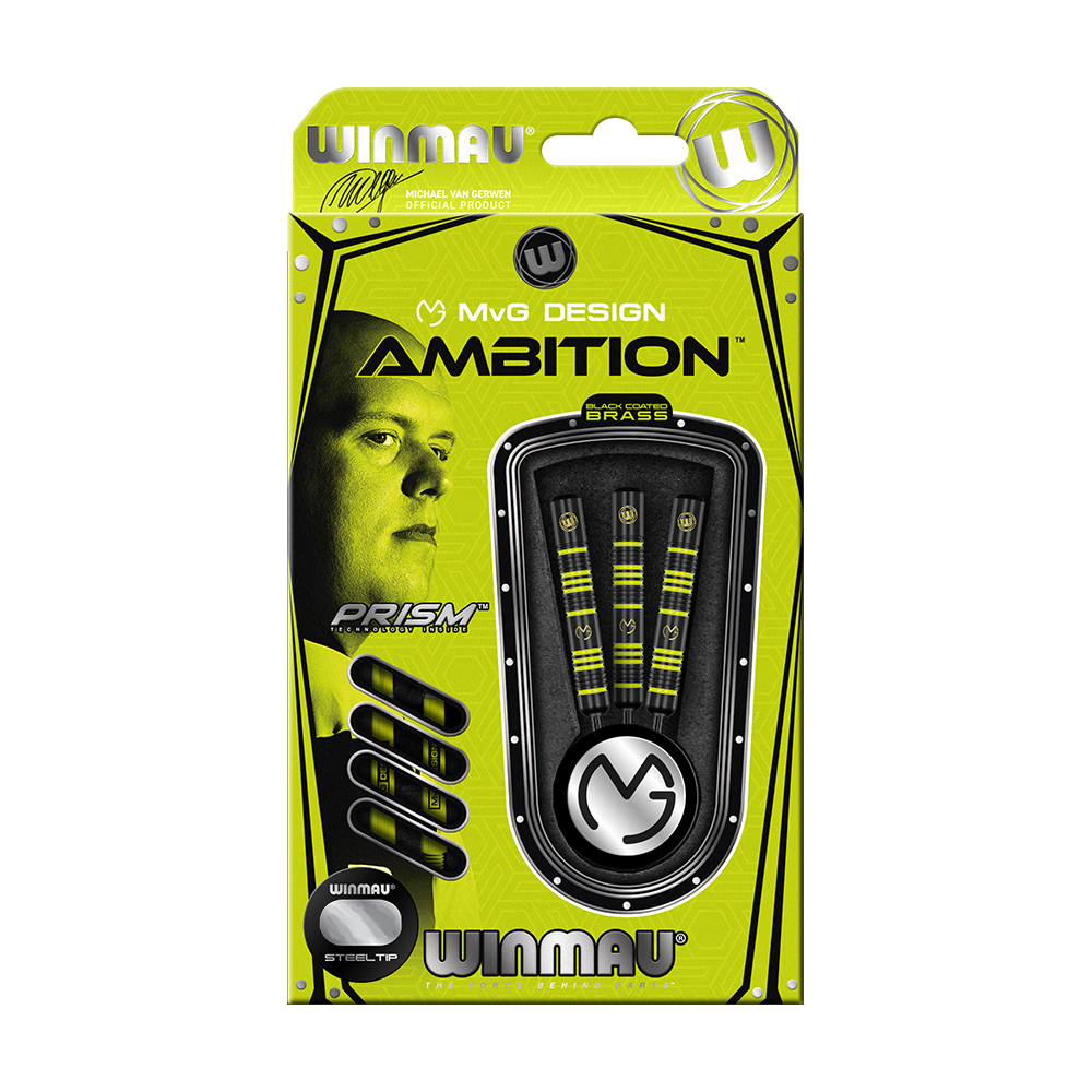 1233_Winmau_Michael_Van_Gerwen_MvG_Ambition_Steeldarts_3 Das Bild zeigt die Verpackung der "Winmau Michael Van Gerwen MvG Ambition Steeldarts". Auf der Verpackung sind die Darts sowie das Porträt von Michael Van Gerwen abgebildet.