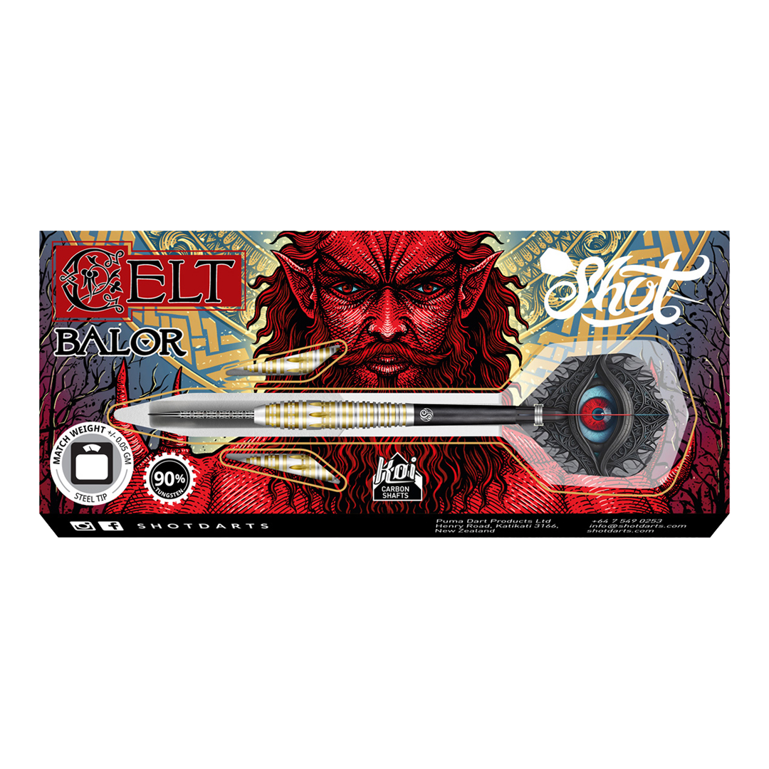 Shot Celt Balor Steeldarts Das Bild zeigt die Verpackung der "Shot Celt Balor Steeldarts". Im Hintergrund ist ein auffälliges, rotes Fantasy-Gesicht und kunstvolles Design zu sehen.