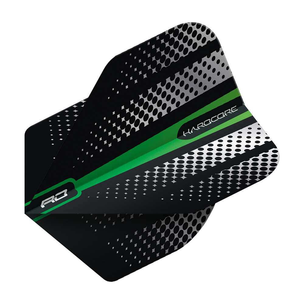 TF6508_Red_Dragon_Hardcore_Radical_Green_Flash_Standard_Flights_2 Das Bild zeigt das Produkt "Red Dragon Hardcore Radical Green Flash Standard Flights". Die Dart-Flight ist schwarz mit silbernen Punkten und einem grünen Streifen.