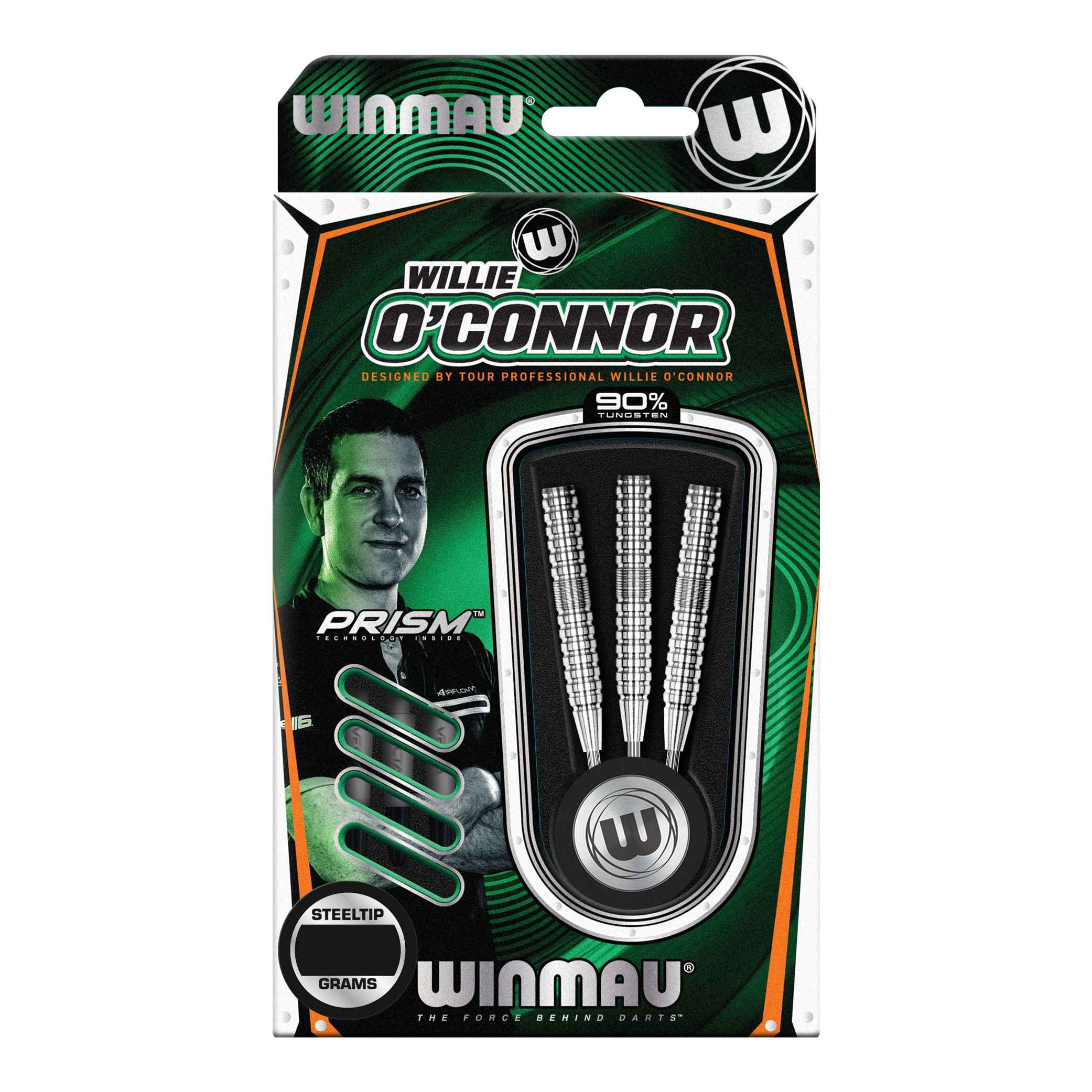 Winmau Willie OConnor Steel Darts - 23g Die Verpackung zeigt die Winmau Willie O’Connor Steeldarts mit einem Gewicht von 23 Gramm. Im Inneren sind drei silberne Steeldarts zu sehen.