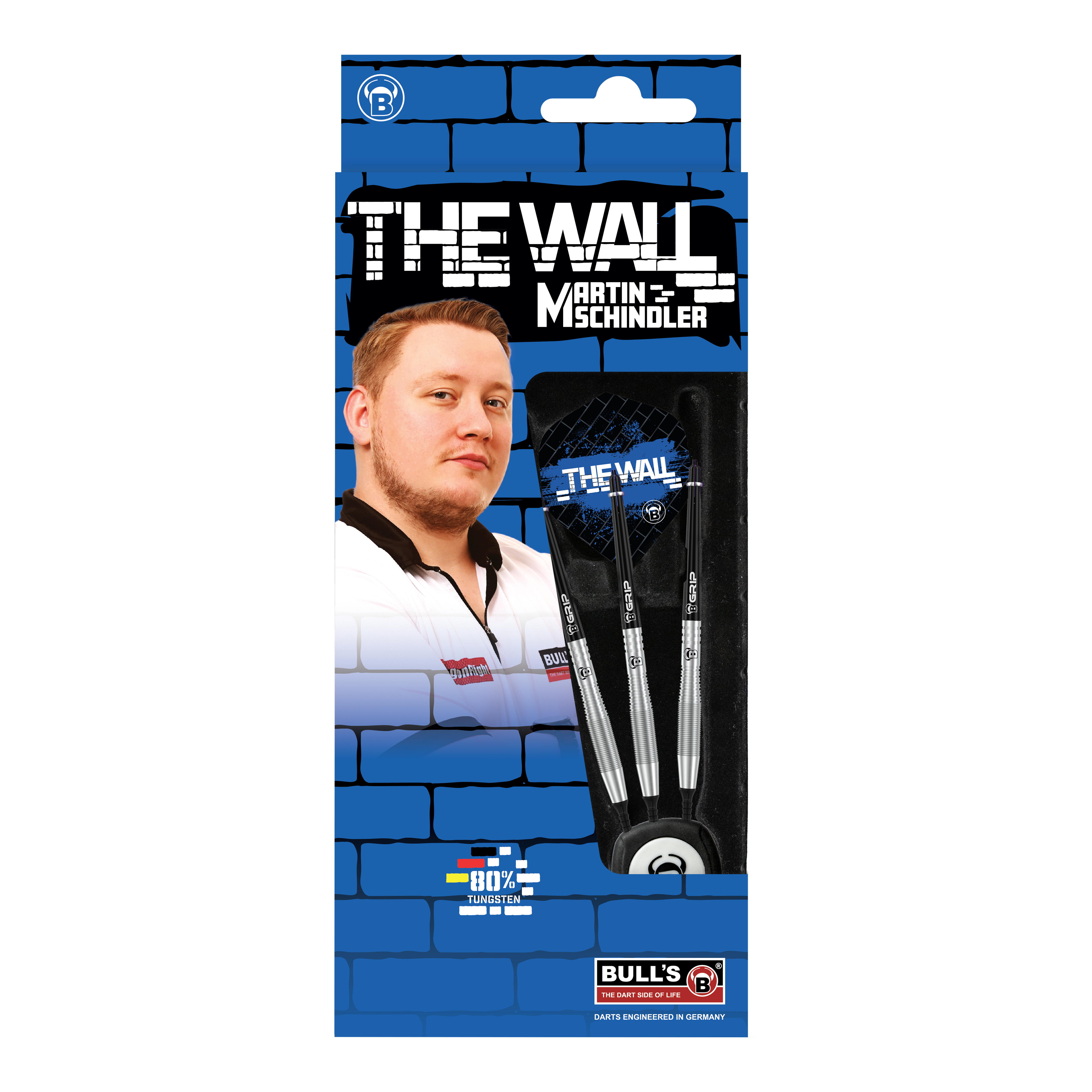 Bulls Martin Schindler TW80 soft darts - 18g Die Abbildung zeigt die Produktverpackung der "Bulls Martin Schindler TW80 Softdarts - 18g". Auf der Verpackung ist ein Bild von Martin Schindler sowie drei Softdarts und das Logo von BULL'S zu sehen.