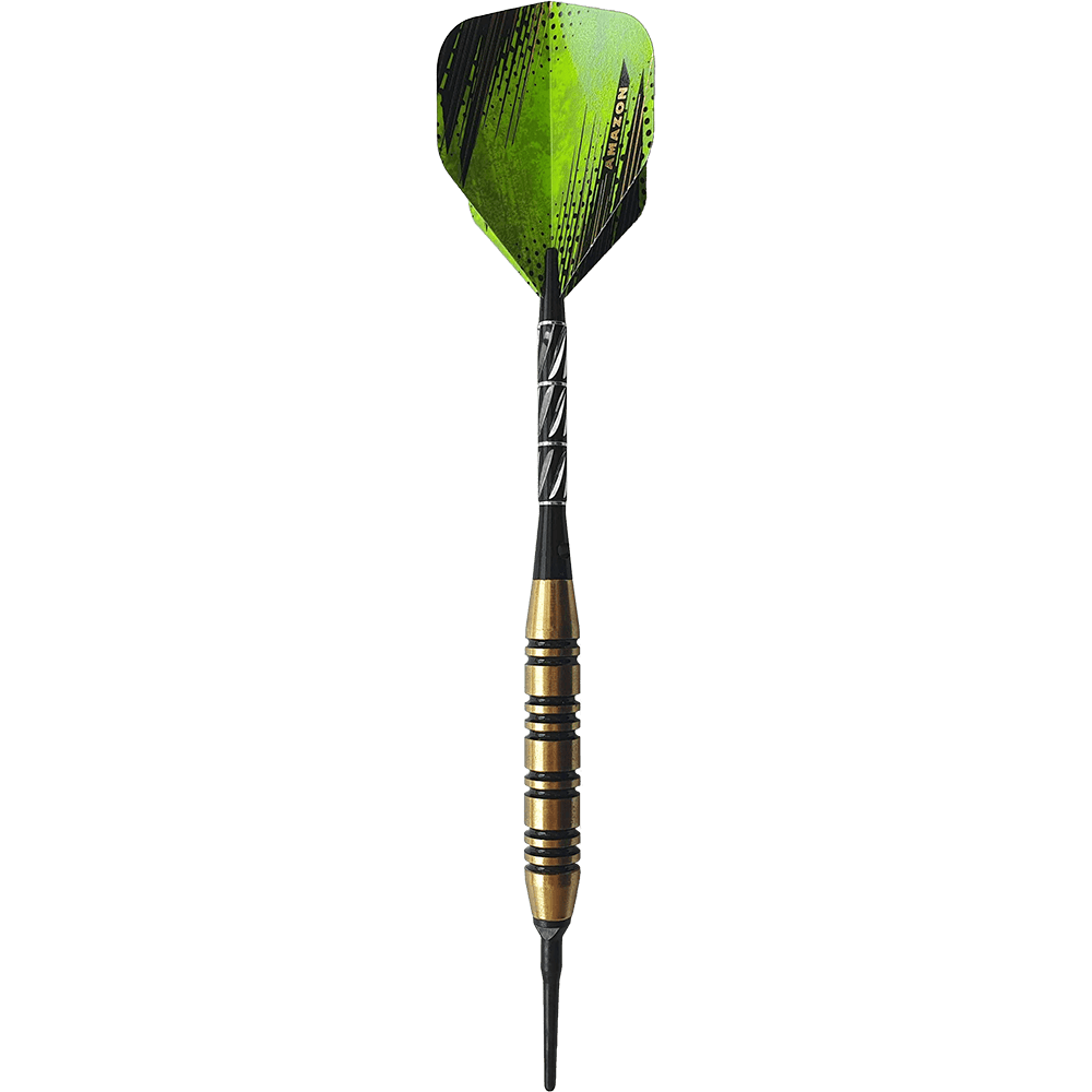 8006_Golden_Green_Softdarts_1YzRtREtk2n3cB Das Bild zeigt einen Softdart-Pfeil mit grünem Flight und gold-schwarzem Griff. Der Dart wiegt 18 Gramm und ist für den Freizeitsport geeignet.