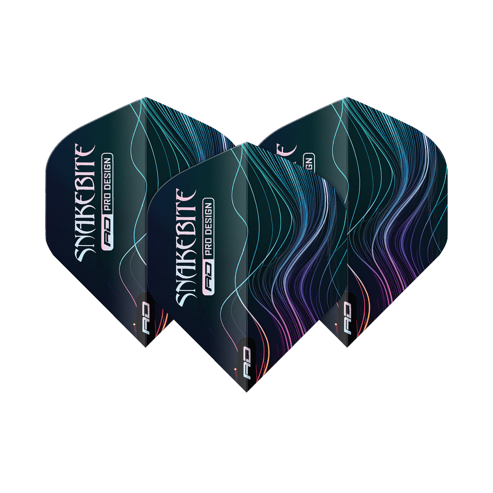 Red Dragon Hardcore Peter Wright Multi No2 Standard Flights Das Bild zeigt drei Dartflights des Produkts „Red Dragon Hardcore Peter Wright Multi No2 Standard Flights“. Sie sind dunkel mit farbigen, geschwungenen Linien und dem Schriftzug „Snakebite“ bedruckt.