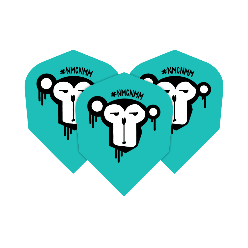 Not My Circus Not My Monkeys NMCNMM Standard Flights Das Bild zeigt drei türkisfarbene Darts-Flights mit dem Aufdruck eines stilisierten Affengesichts. Über dem Affenkopf steht die Abkürzung "#NMCNMM".