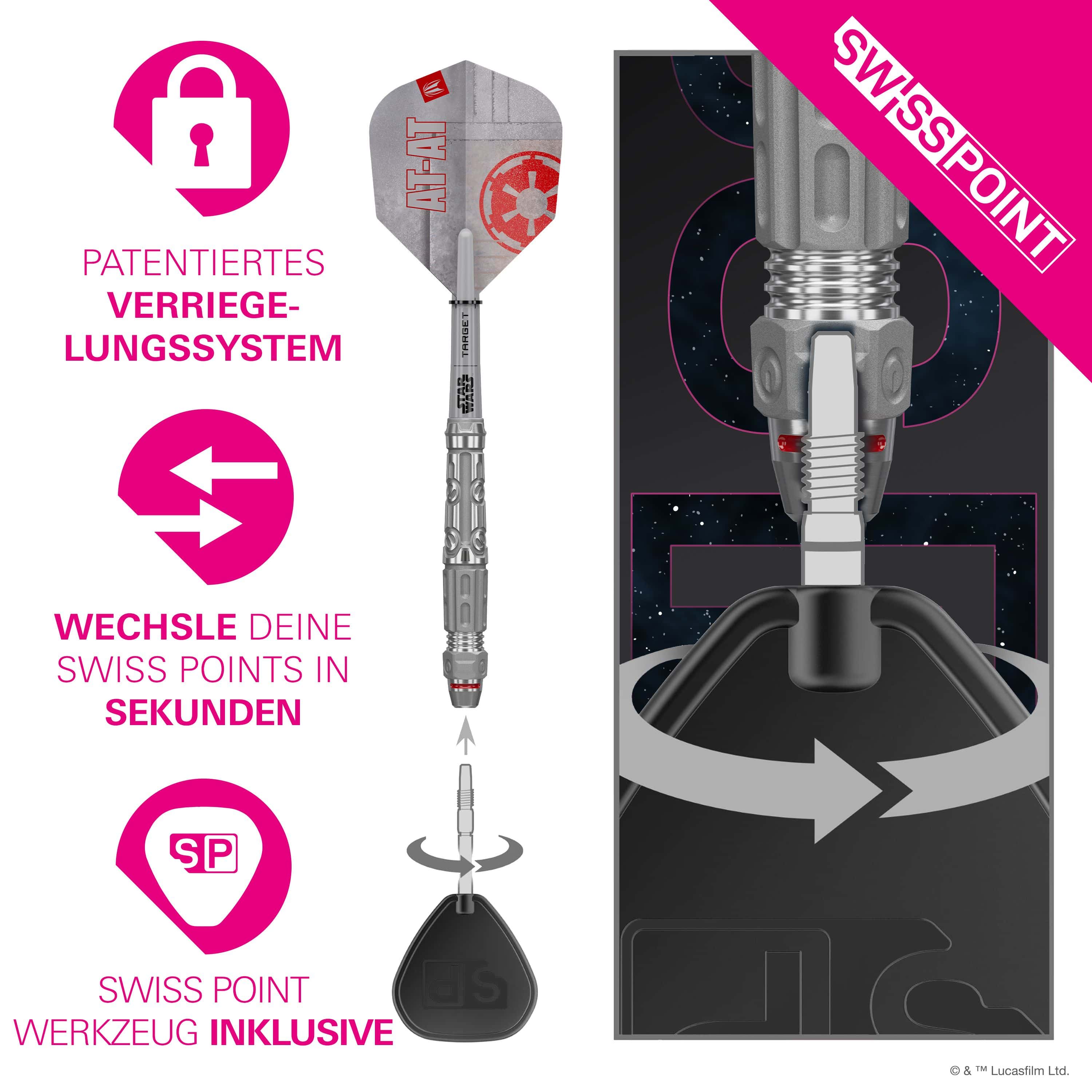 Hier sind die Target Star Wars AT-AT Swiss Point Steeldarts abgebildet. Die Darts haben ein einzigartiges Design aus dem Star Wars Universum.
