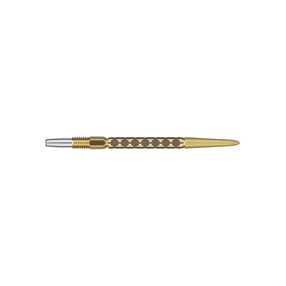 Target Swiss FLT Point Dart Tips - Gold Zwei kurze Dartspitzen in goldener Ausführung sind zu sehen. Sie sind nebeneinander angeordnet.