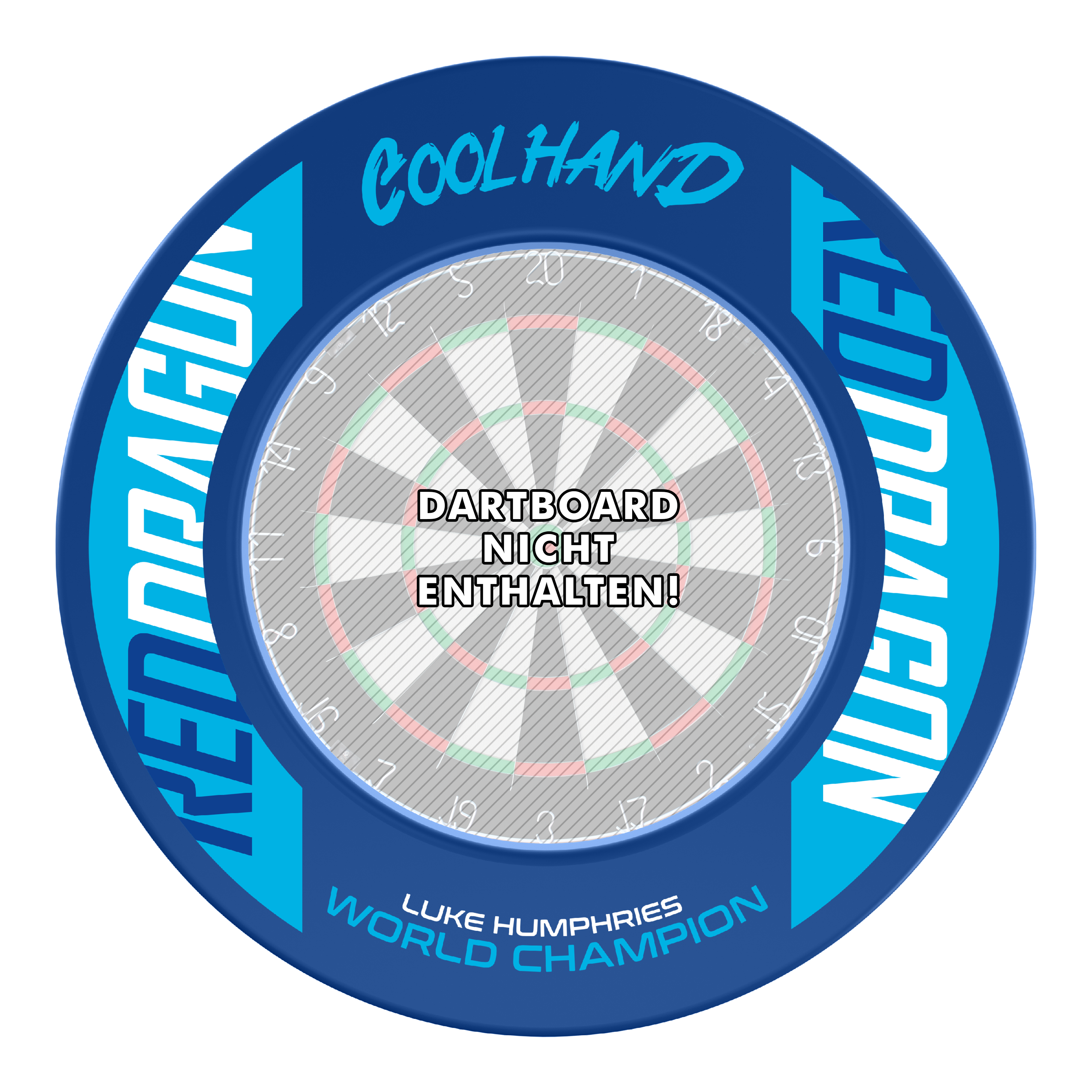 Red Dragon Luke Humphries World Champion Dartboard Surround Dies ist das Produkt "Red Dragon Luke Humphries World Champion Dartboard Surround" in blauer Farbe. In der Mitte steht: "Dartboard nicht enthalten!"
