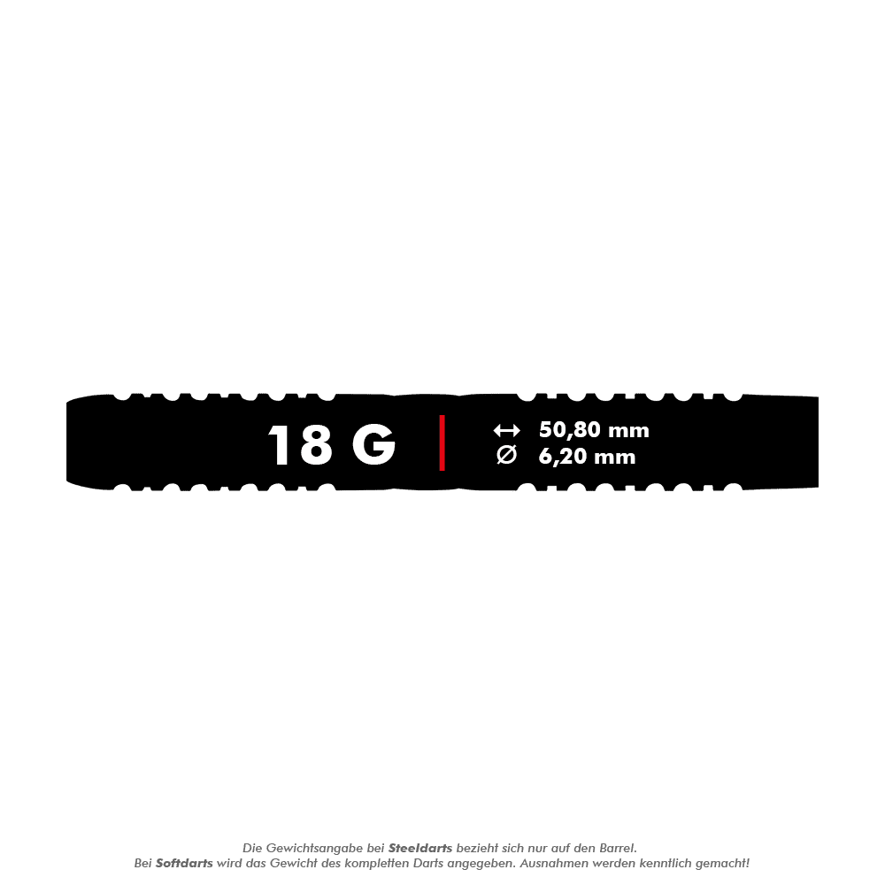 RD2569_Red_Dragon_Gerwyn_Price_Firebird_Softdarts_5_18g Das Bild zeigt die Produktinformationen eines Softdart-Barrels mit 18 Gramm Gewicht. Die Maße sind 50,80 mm Länge und 6,20 mm Durchmesser.