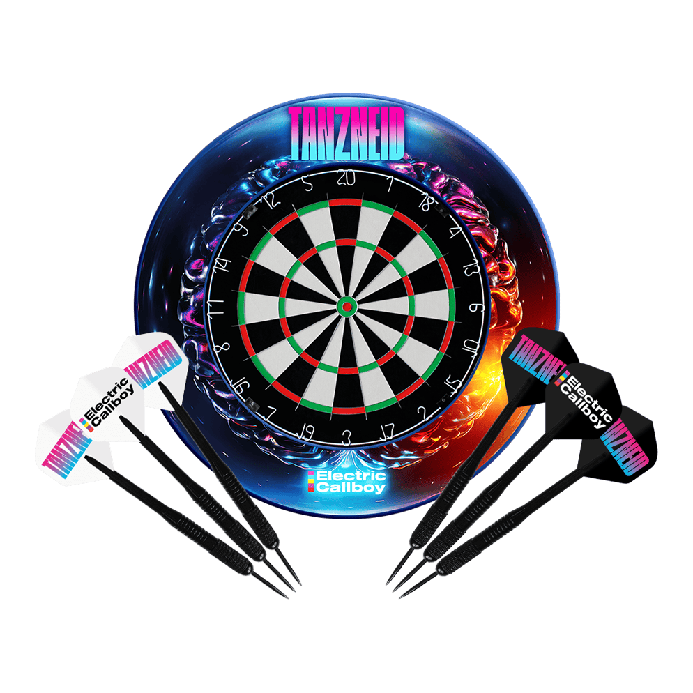 Electric Callboy Tanzneid Steel Dartboard and Surround Bundle Gezeigt wird das Electric Callboy Tanzneid Steeldartboard und Surround Bundle. Das Set beinhaltet eine Dartscheibe und Umrandung.