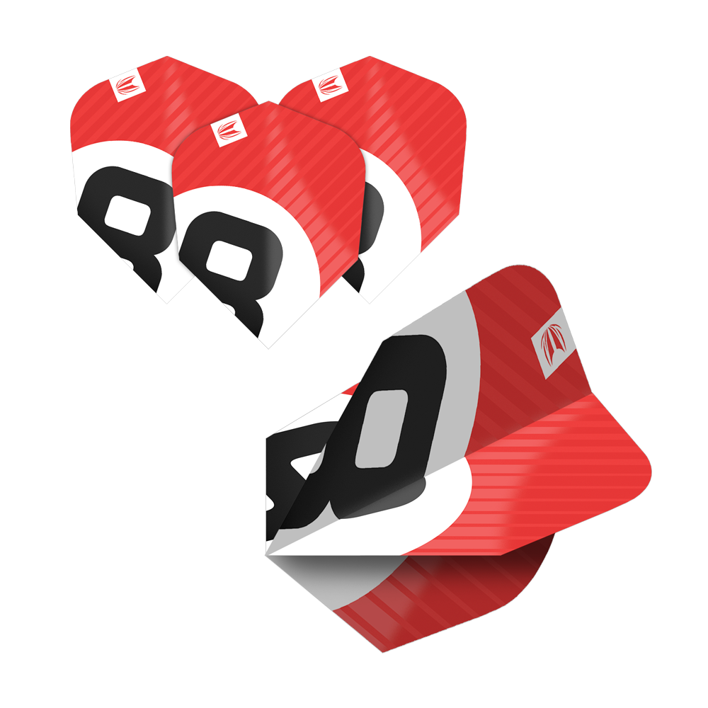 337206_Target_ProUltra_5Sets_Multipack_Chicane_Ten-X_Flights_3eBBUiaZxae2wc Das Bild zeigt fünf Sets der Target Pro Ultra Chicane Multipack Ten-X Dartflights. Die Flights sind rot, schwarz und weiß gestaltet und tragen eine auffällige Nummer 80.