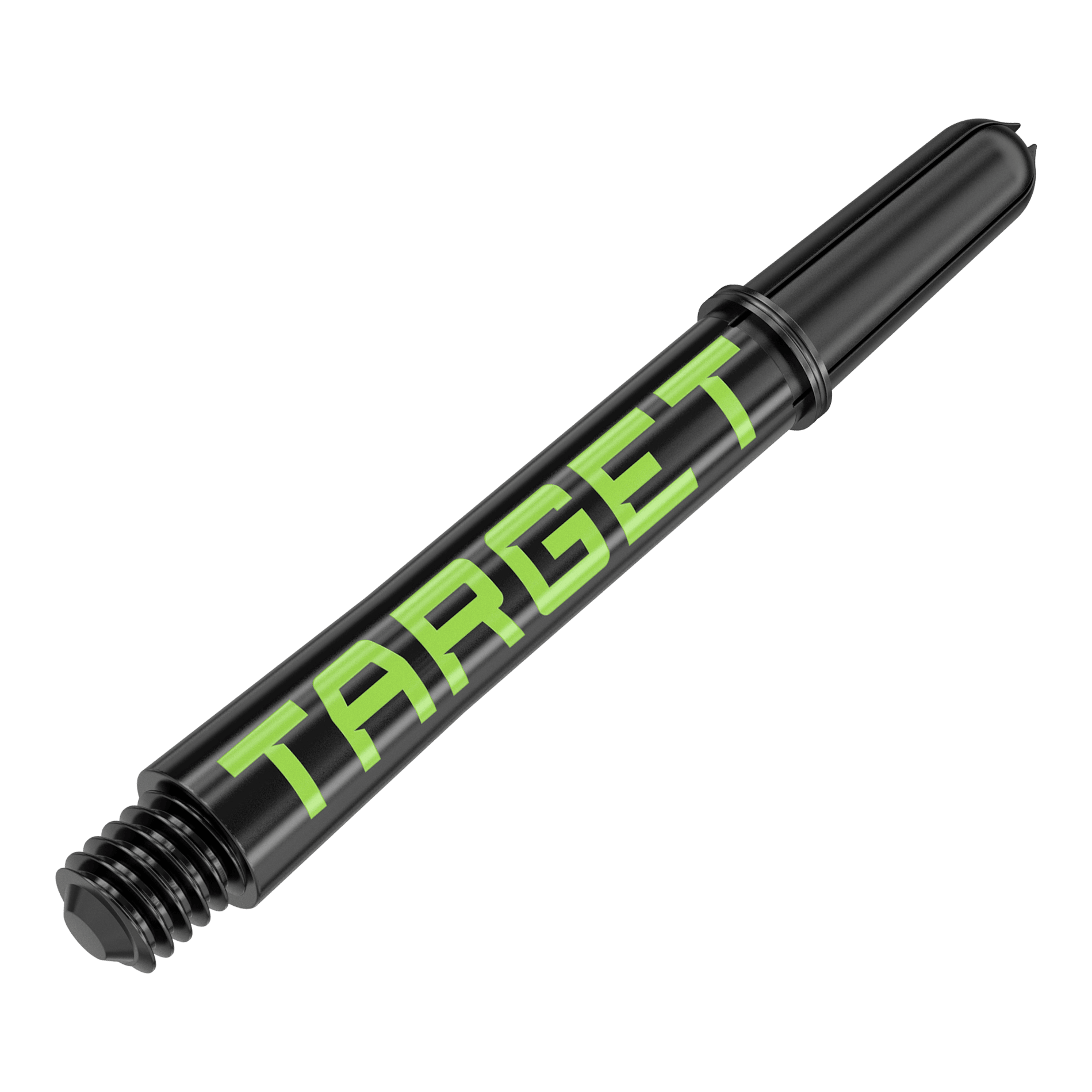 Target Pro Grip TAG Shafts - 3 Sets - Black Green Zwei Dart-Schäfte in einheitlichem Design werden gezeigt. Die Aufnahme richtet sich auf Details der Ausführung.
