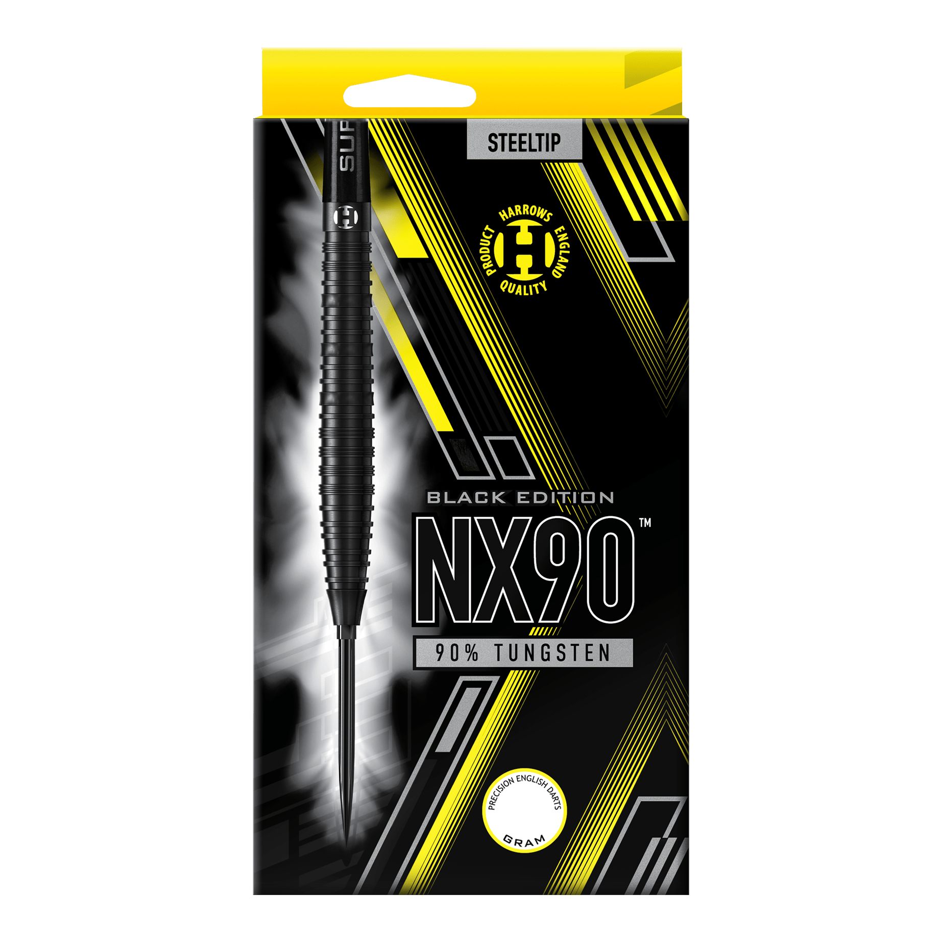 Harrows NX90 Black Edition Tapered Quick Point Steel Darts Die Abbildung zeigt die Harrows NX90 Black Edition Tapered Quick Point Steeldarts. Sie haben eine elegante, konische Silhouette und sind komplett schwarz.