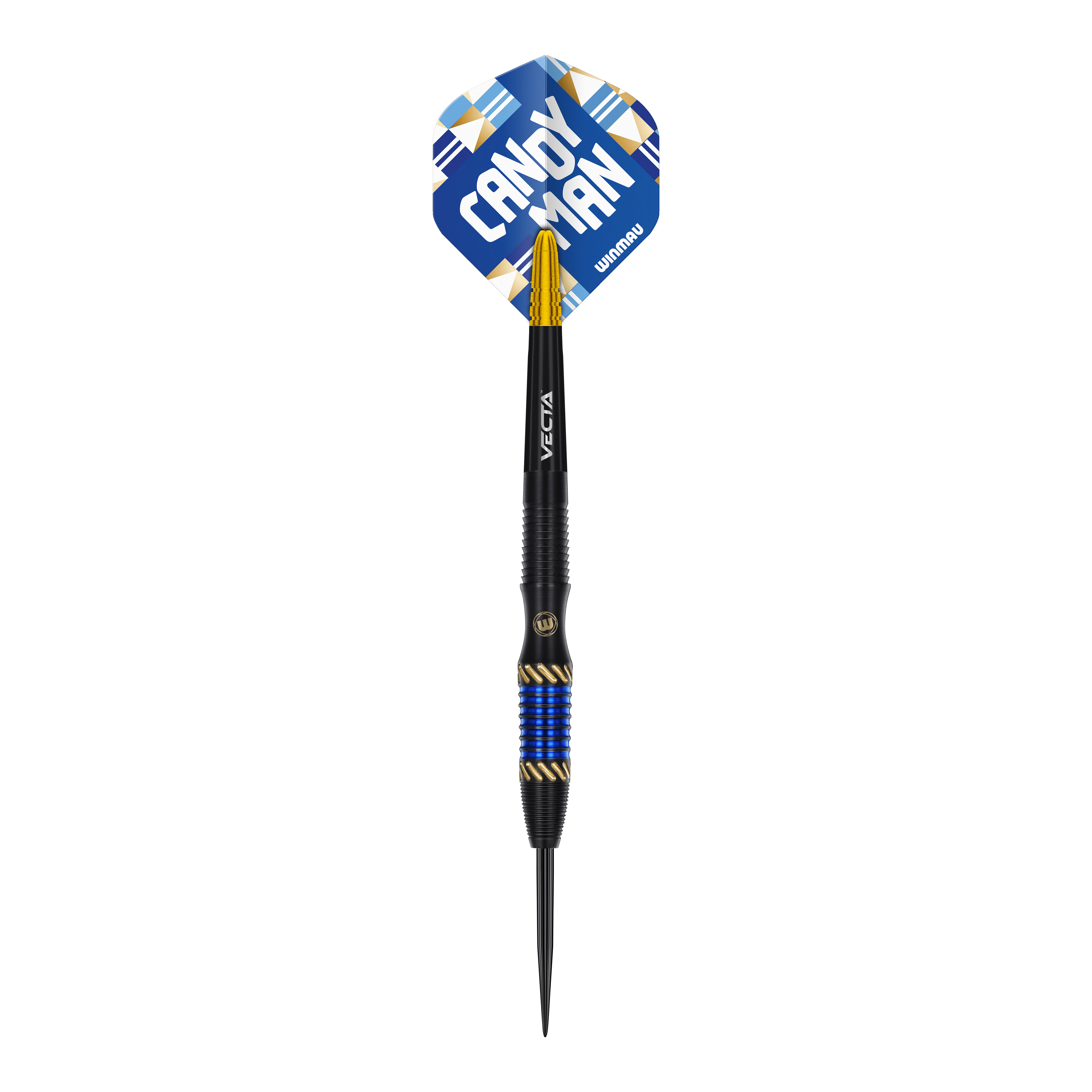 Winmau Rashad Sweeting Steeldarts - 24g Das Bild zeigt einen Winmau Rashad Sweeting Steeldart mit 24g Gewicht. Der Dart hat blaue und goldene Akzente sowie eine Flight mit der Aufschrift "CANDY MAN".