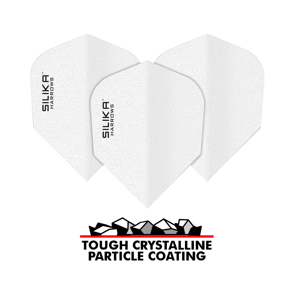 Harrows Silica Solid Tough Crystalline Coating White No6 Flights Das Bild zeigt drei weiße Dartflights mit der Aufschrift "SILIKA HARROWS". Darunter steht "TOUGH CRYSTALLINE PARTICLE COATING" zusammen mit einer grafischen Darstellung von Kristallen.