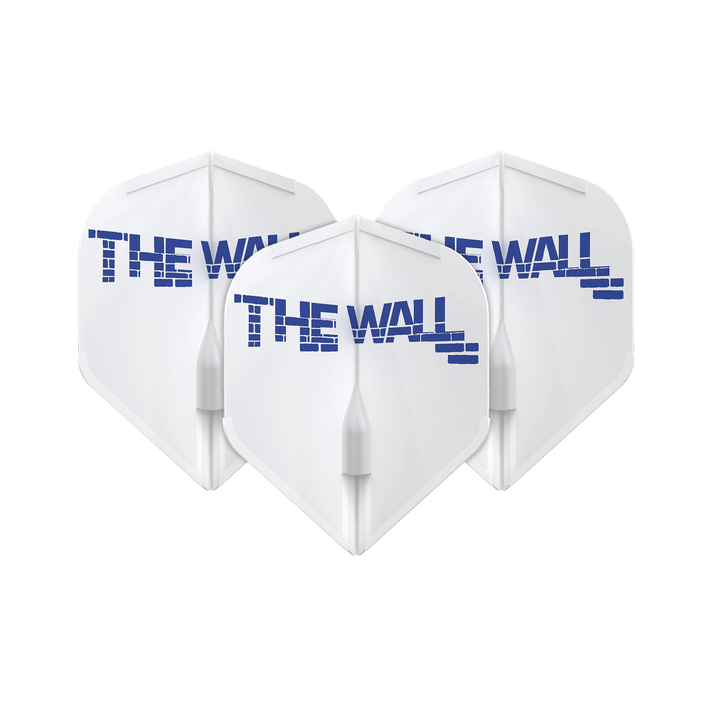 L-Style Martin Schindler White L1EZ Flights Das Bild zeigt drei weiße Dart-Flights mit der blauen Aufschrift "THE WALL". Die Flights sind das Modell L-Style Martin Schindler Weiß L1EZ.