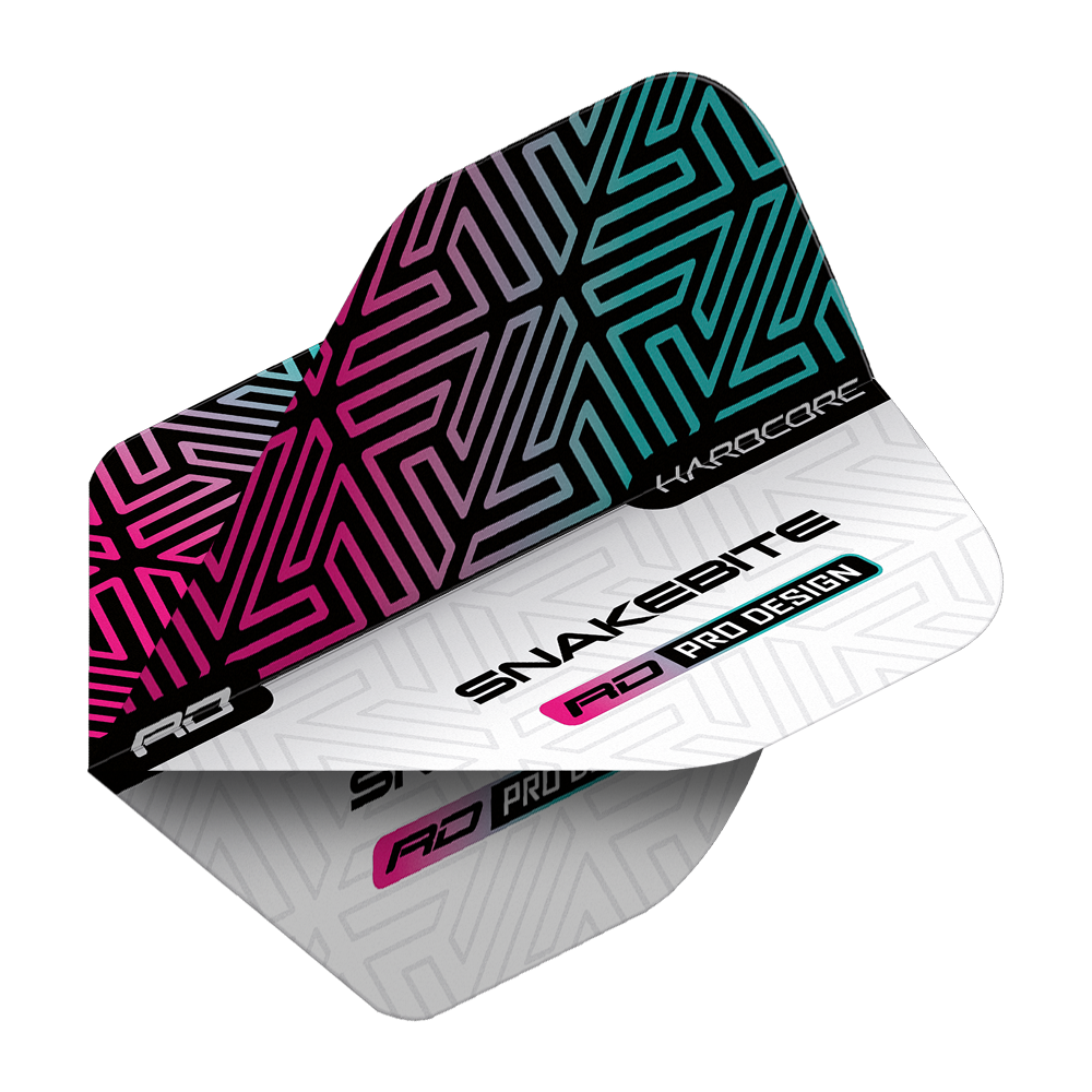 TF6842_Red_Dragon_Hardcore_Peter_Wright_Snakebite_White_Rainbow_Standard_Flights_2B4jEzcDI512Ja Das Bild zeigt ein Dart-Flight mit einem modernen, bunten Muster in Schwarz, Pink und Blau. Auf dem Flight steht "Snakebite", "Hardcore" und "RD Pro Design".